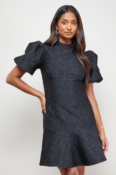 Oasis Paisley Jacquard Puff Sleeve Mini Dress Black