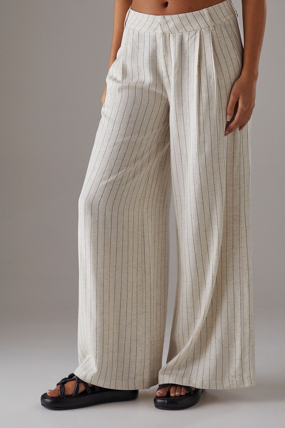 Warehouse Linen Look Pinstripe Tailored Trousers Natural image 2