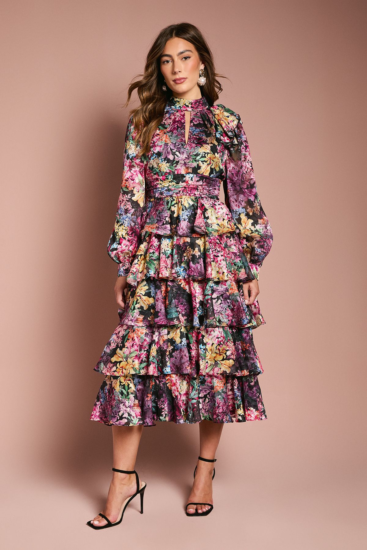 Coast Long Sleeve Printed Chiffon Midaxi Dress With Tiered Skirt Multi image 1