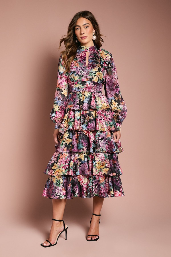 Coast Long Sleeve Printed Chiffon Midaxi Dress With Tiered Skirt Multi