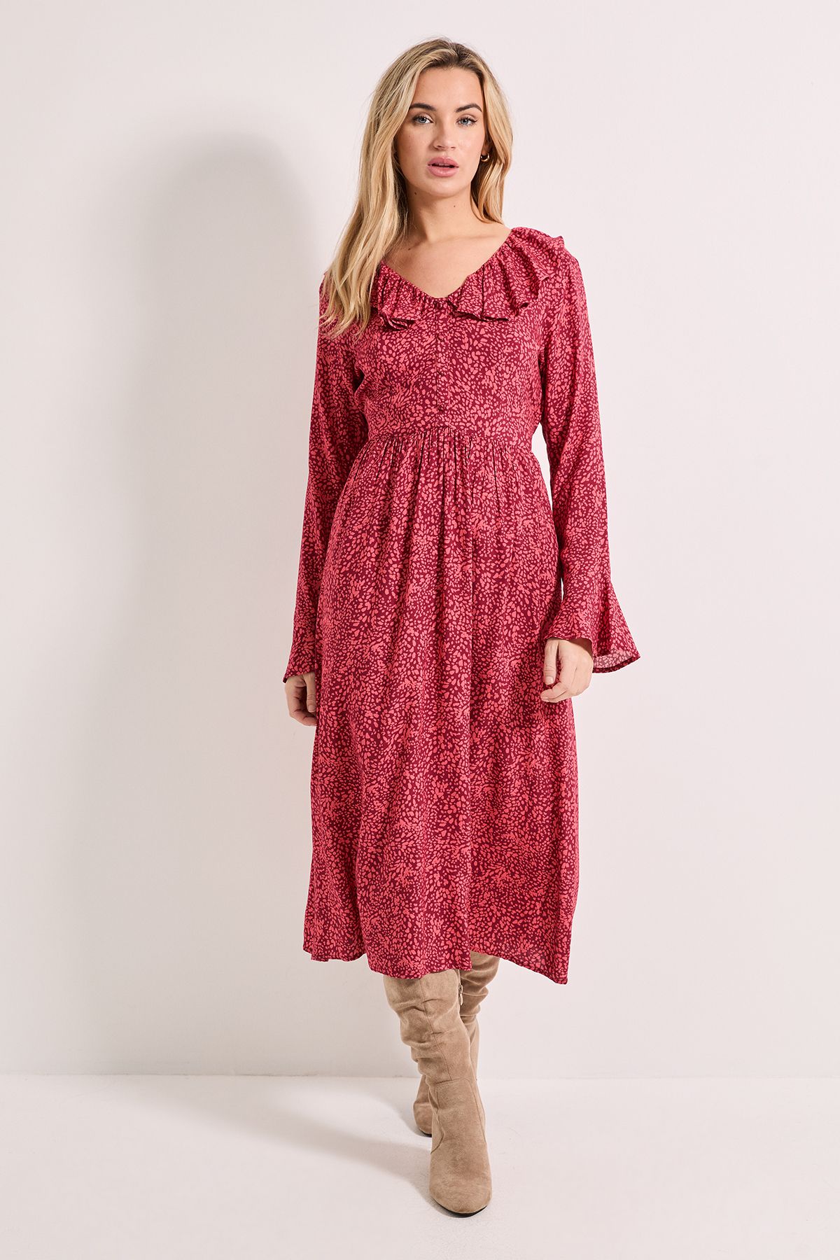 Dorothy Perkins Pink Animal Frill Neck Button Front Printed Midi Dress Pink