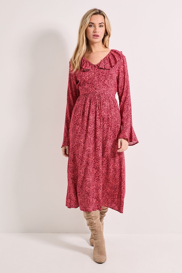 Dorothy Perkins Pink Animal Frill Neck Button Front Printed Midi Dress Pink