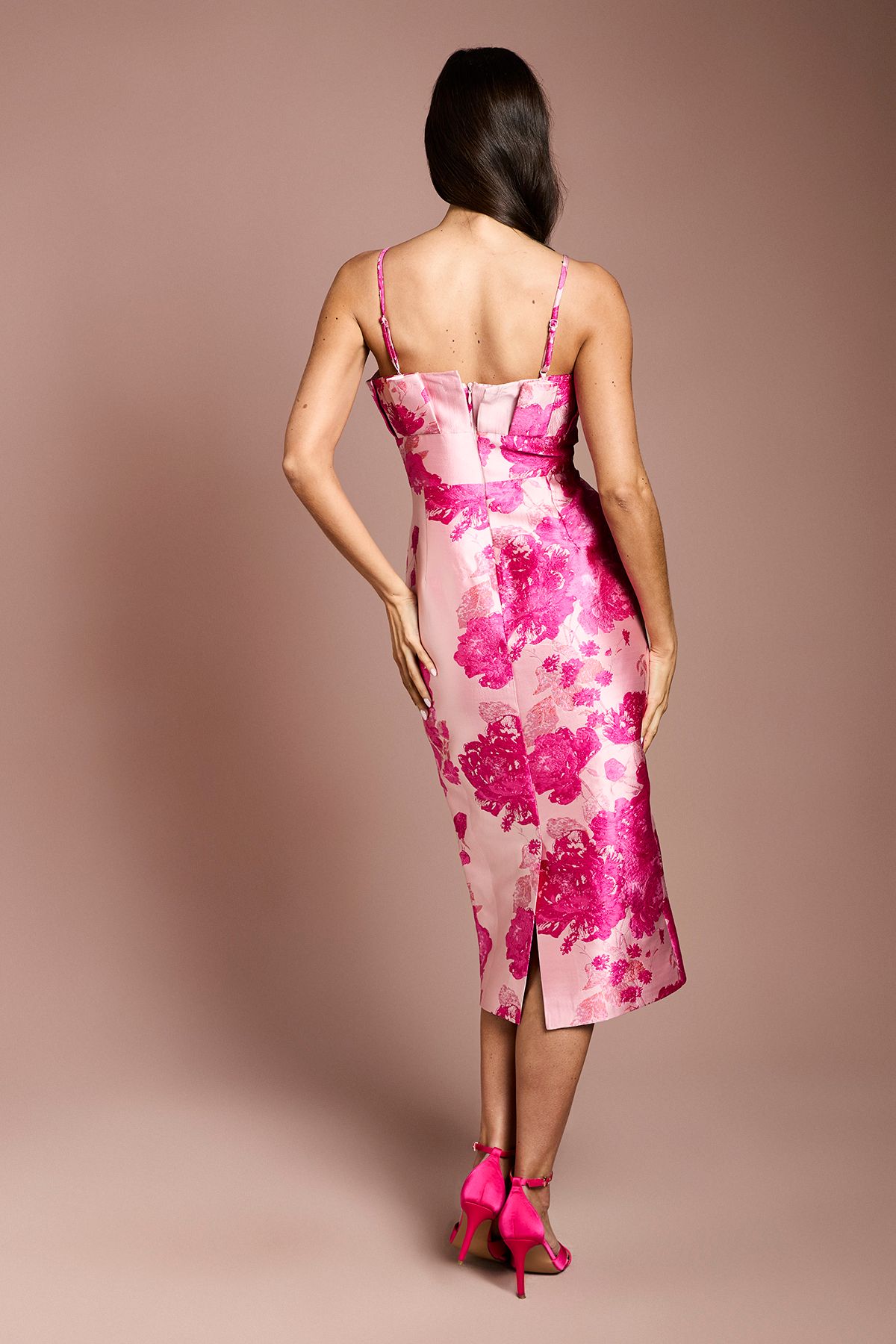 Coast Pleated Bodice Jacquard Pencil Dress Pink image 3