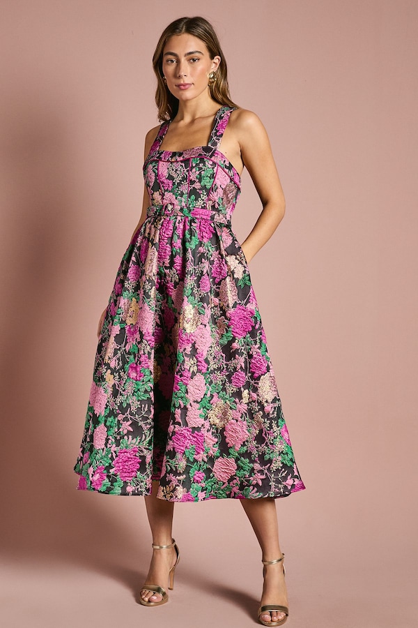 Coast Corset Bodice Full Skirted Jacquard Midi Dress Pink