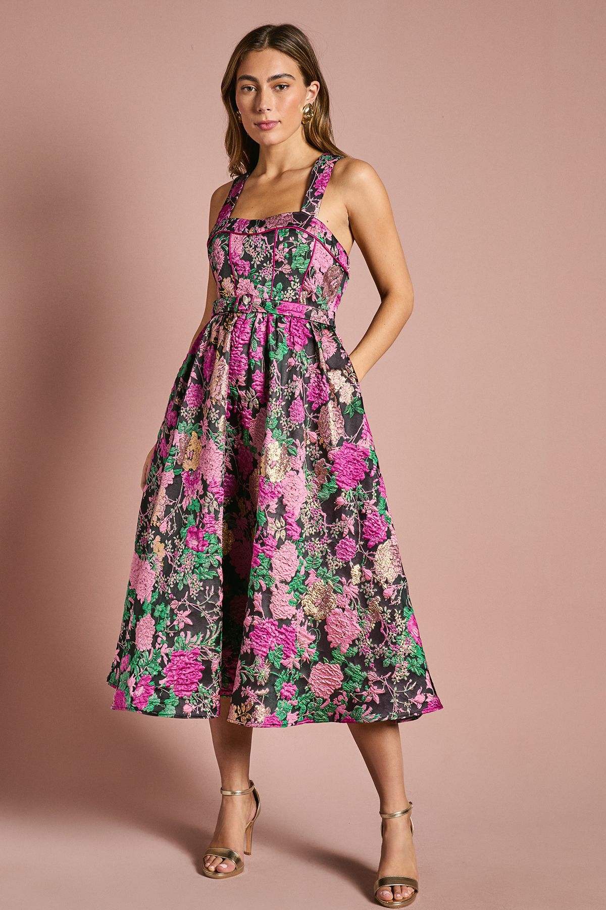 Coast Corset Bodice Full Skirted Jacquard Midi Dress Pink