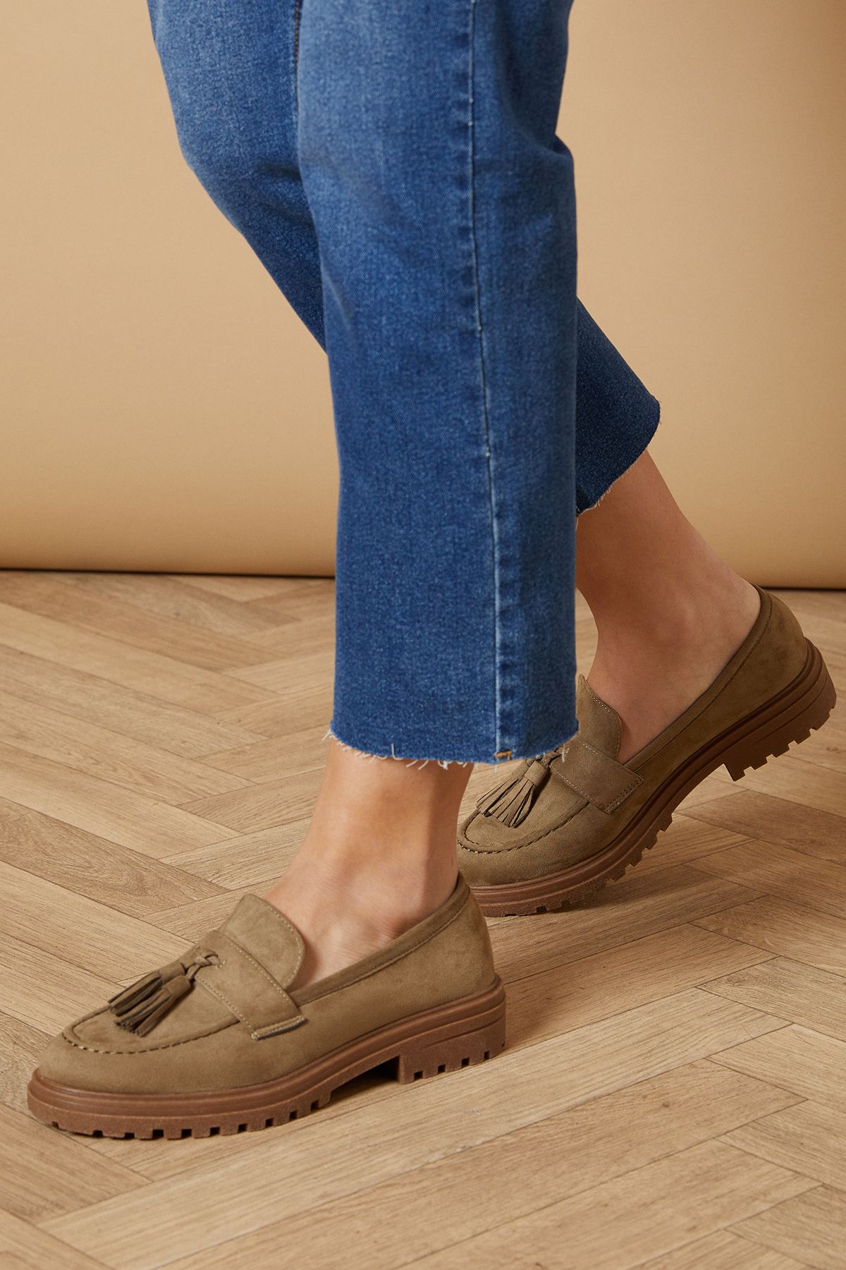 Oasis Barnie Faux Suede Tassel Chunky Loafers Olive image 2