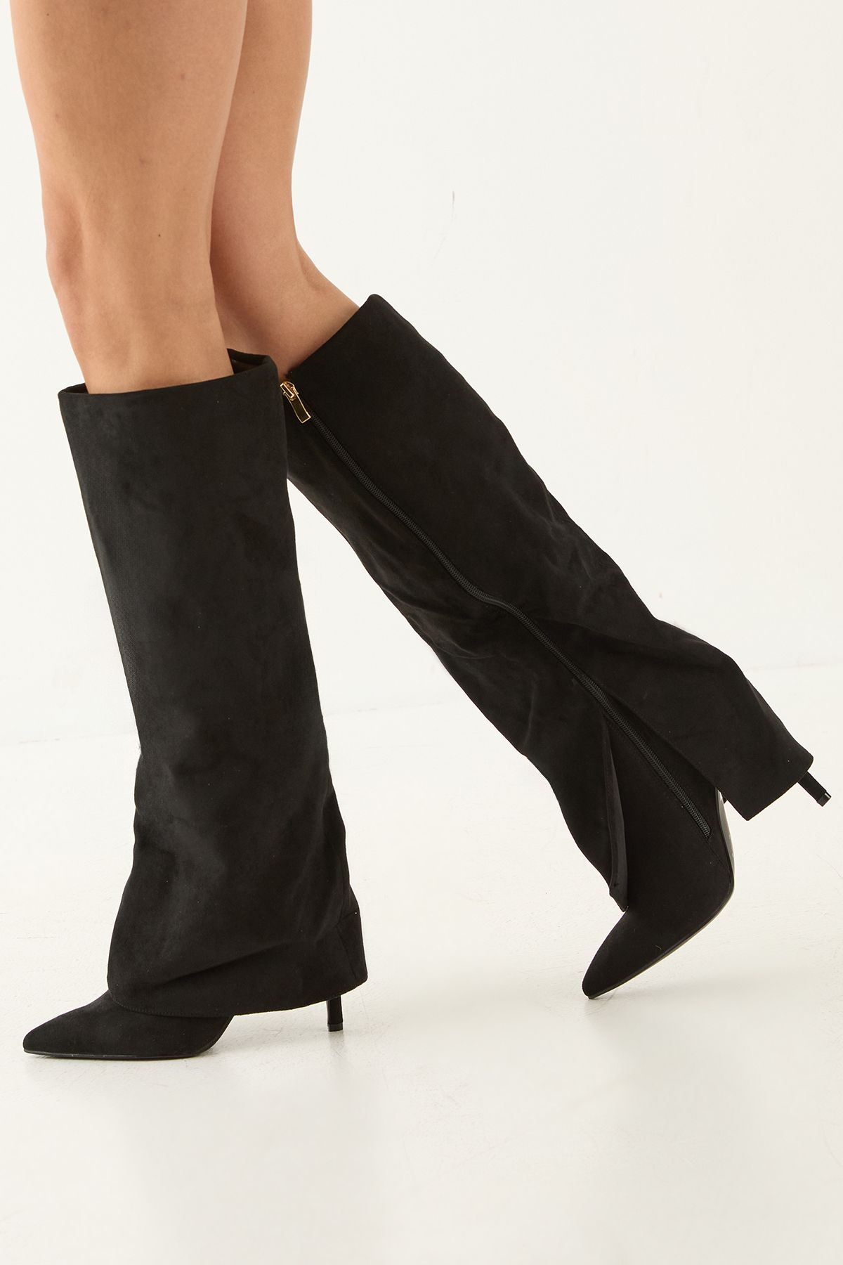 MissPap Faux Suede Sleeve Pointed High Stiletto Heel Knee Boots Natural Black image 1