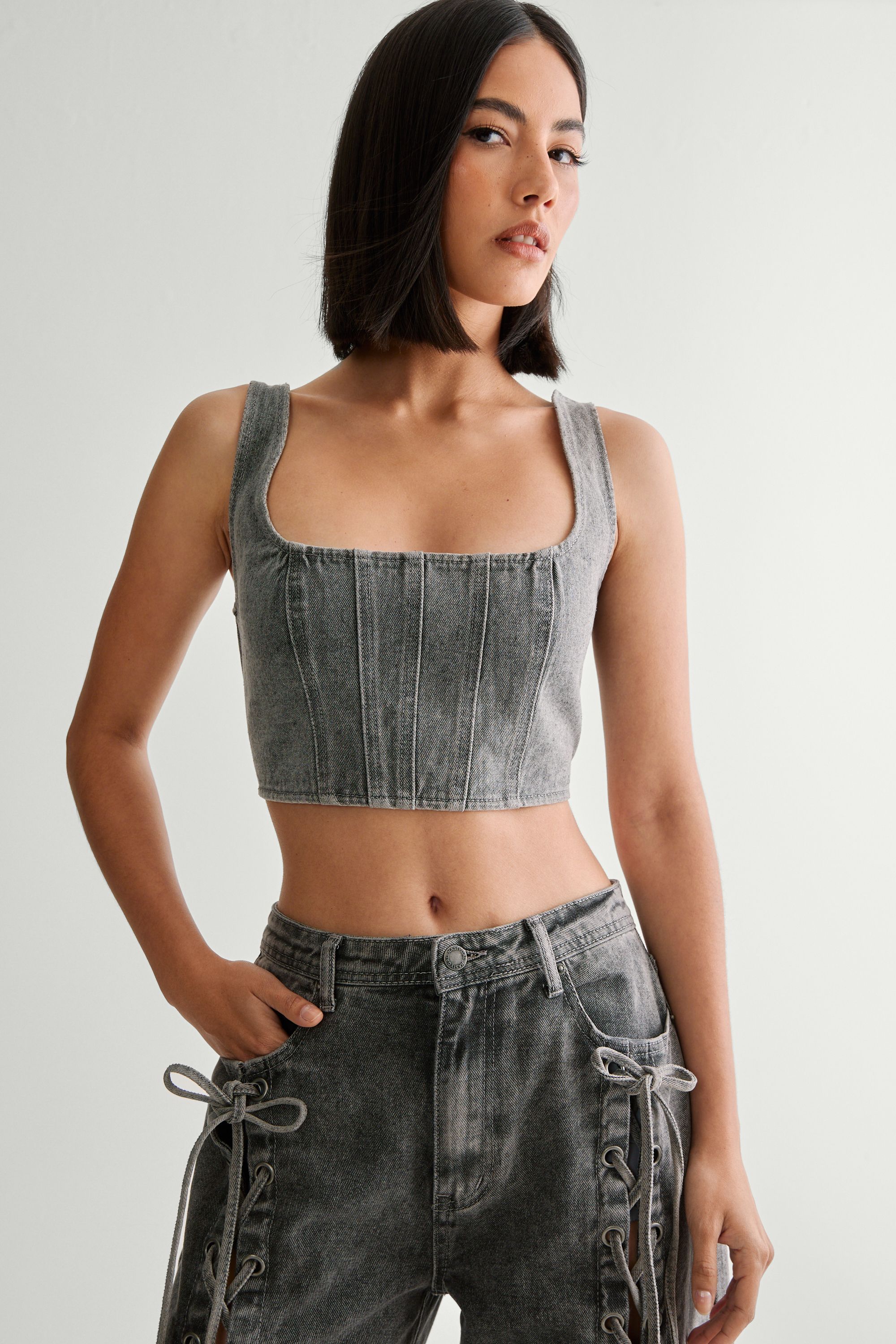 NastyGal Lace Back Detail Denim Corset Top Mid Grey image 1