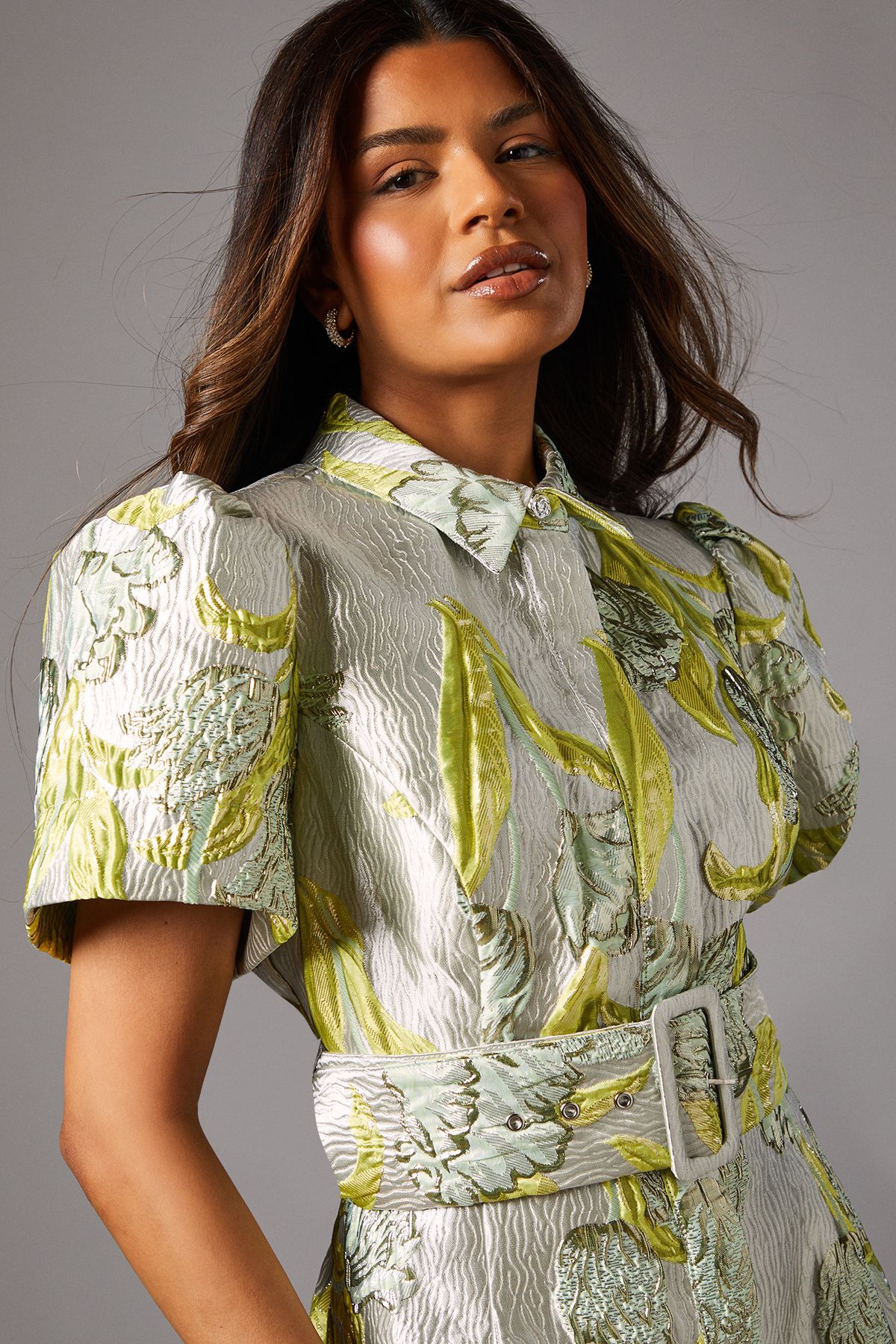 Coast Petite Belted Jacquard Shirt Dress Silver image 3