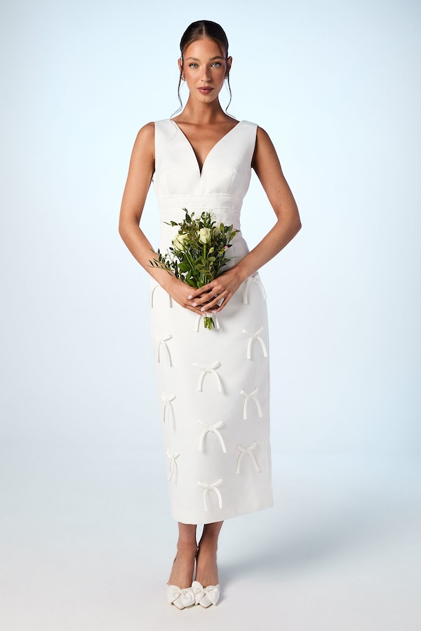 Coast Bow Detail Satin Midi Wedding Dress Ivory