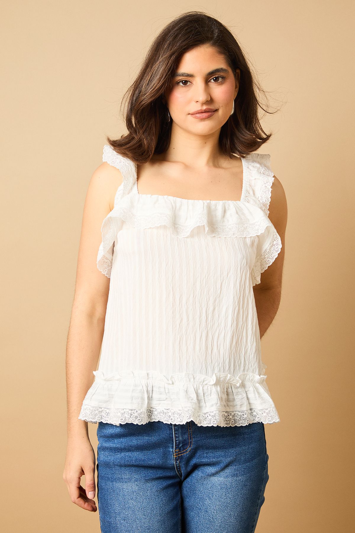 Oasis Broderie Frill Detail Top White image 2