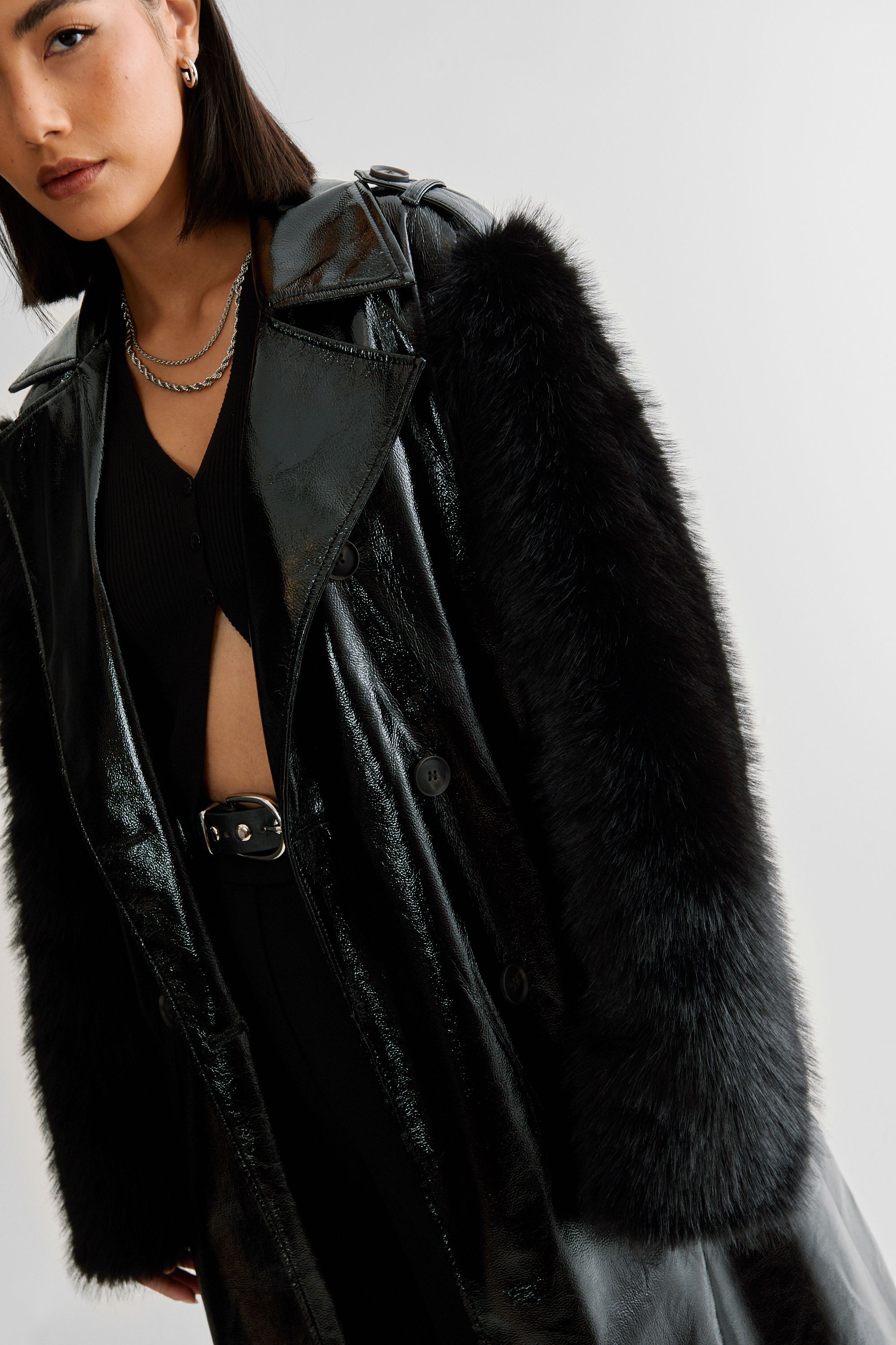 NastyGal Premium Vinyl Fur Trim Coat True Black image 5