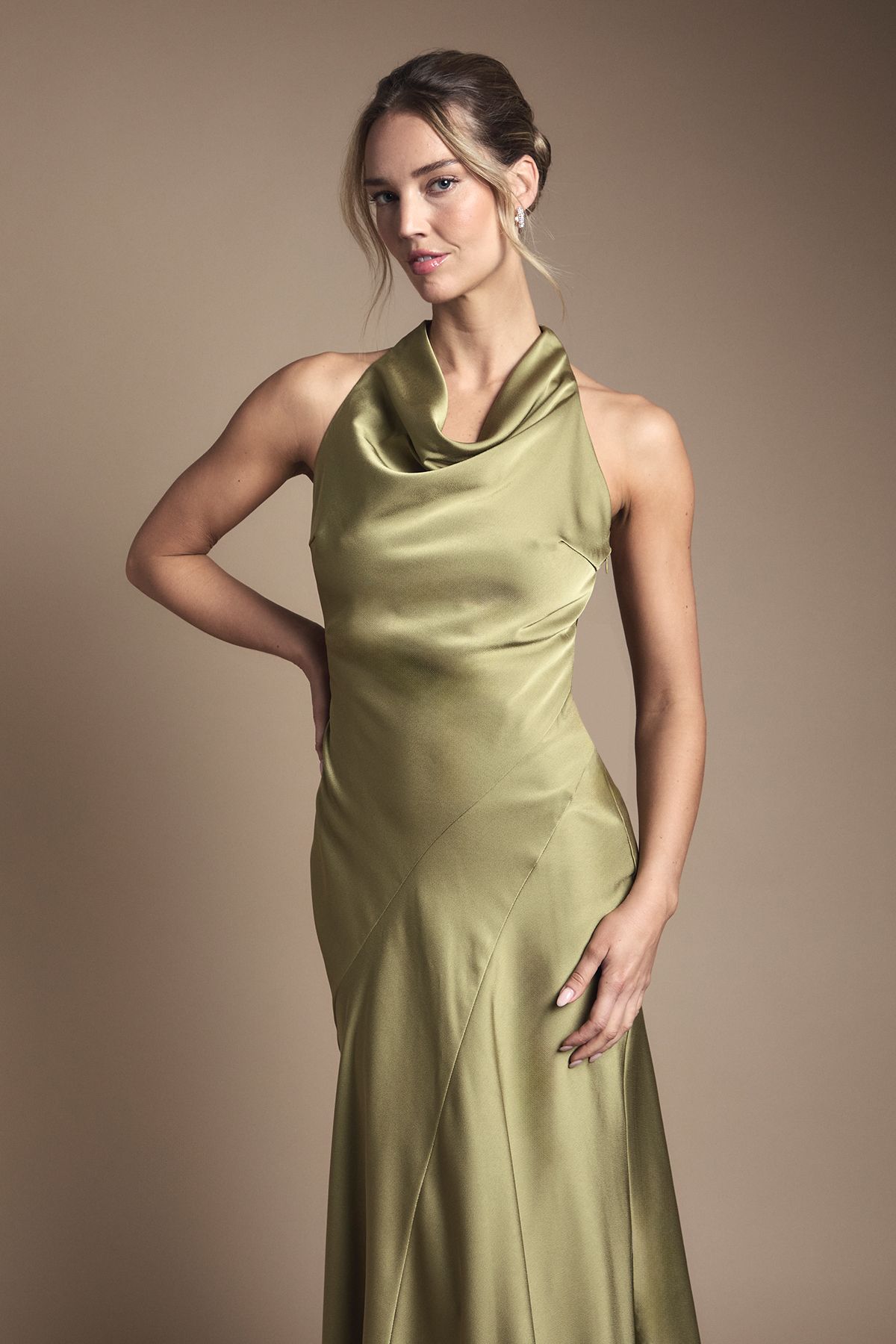 Oasis Petite Oasis Cowl Halterneck Satin Maxi Bridesmaid Dress Olive image 2