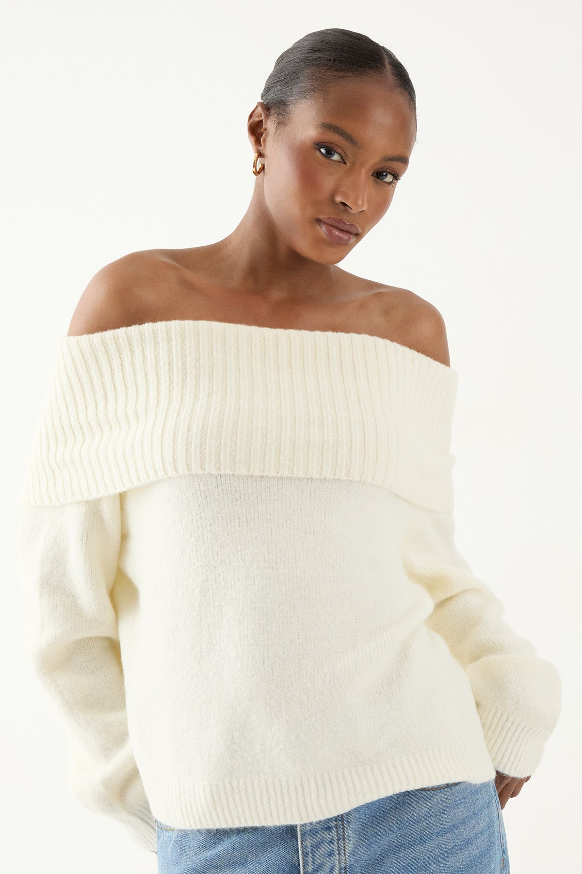 MissPap Premium Knit Bardot Foldover Jumper Cream image 2