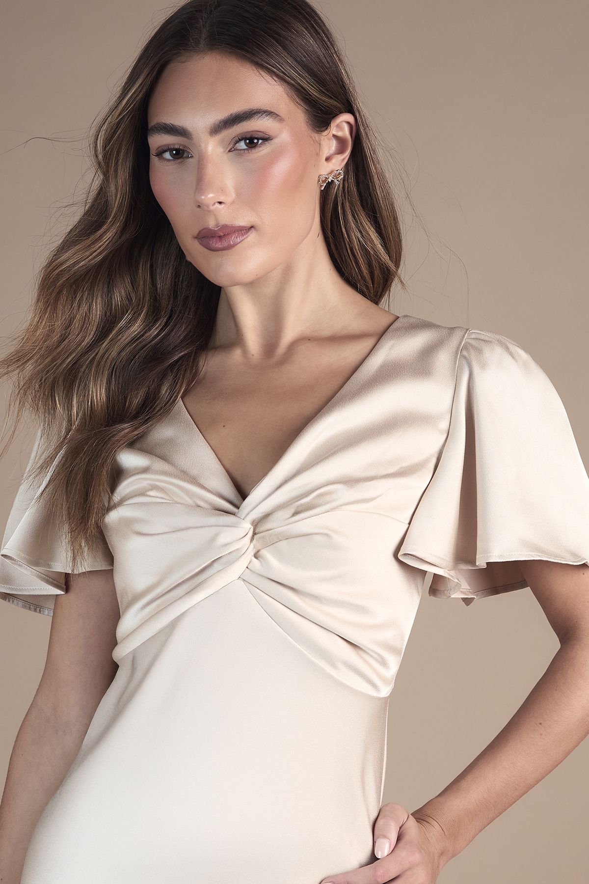 Oasis Oasis by Coast Petite Satin Twist Angel Sleeve Midi Bridesmaid Dress Champagne image 2