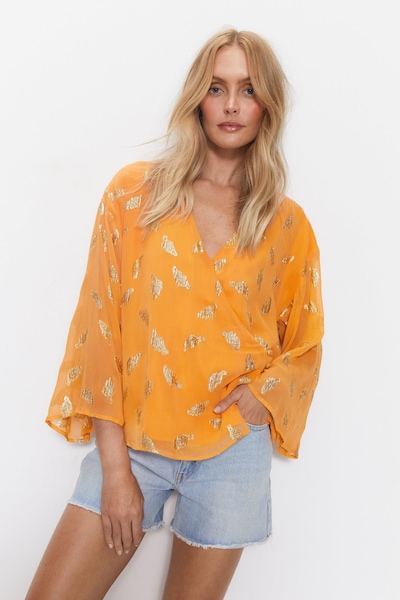 Warehouse Metallic Georgette Wrap Top Orange