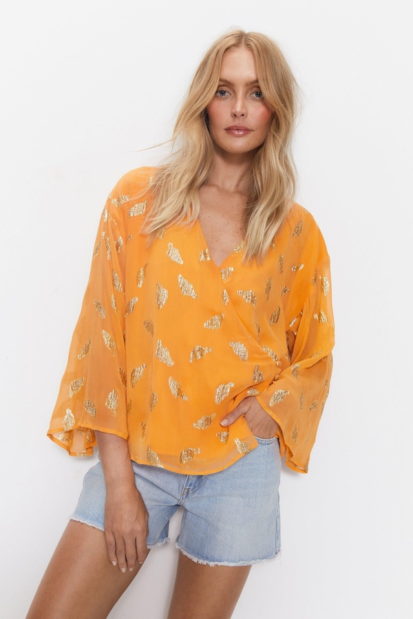 Warehouse Metallic Georgette Wrap Top Orange