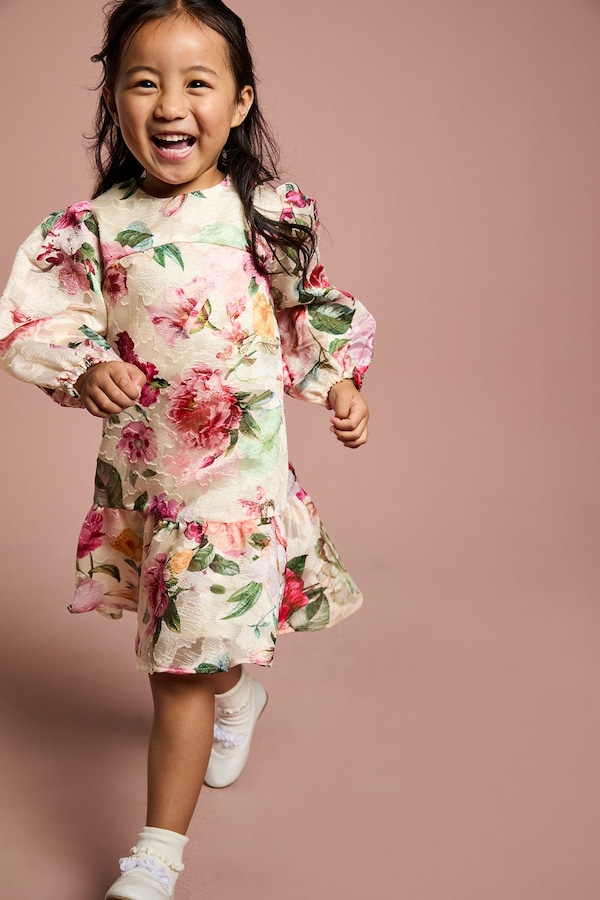 Coast Children's Floral Jacquard Puff Sleeve Dress Cream