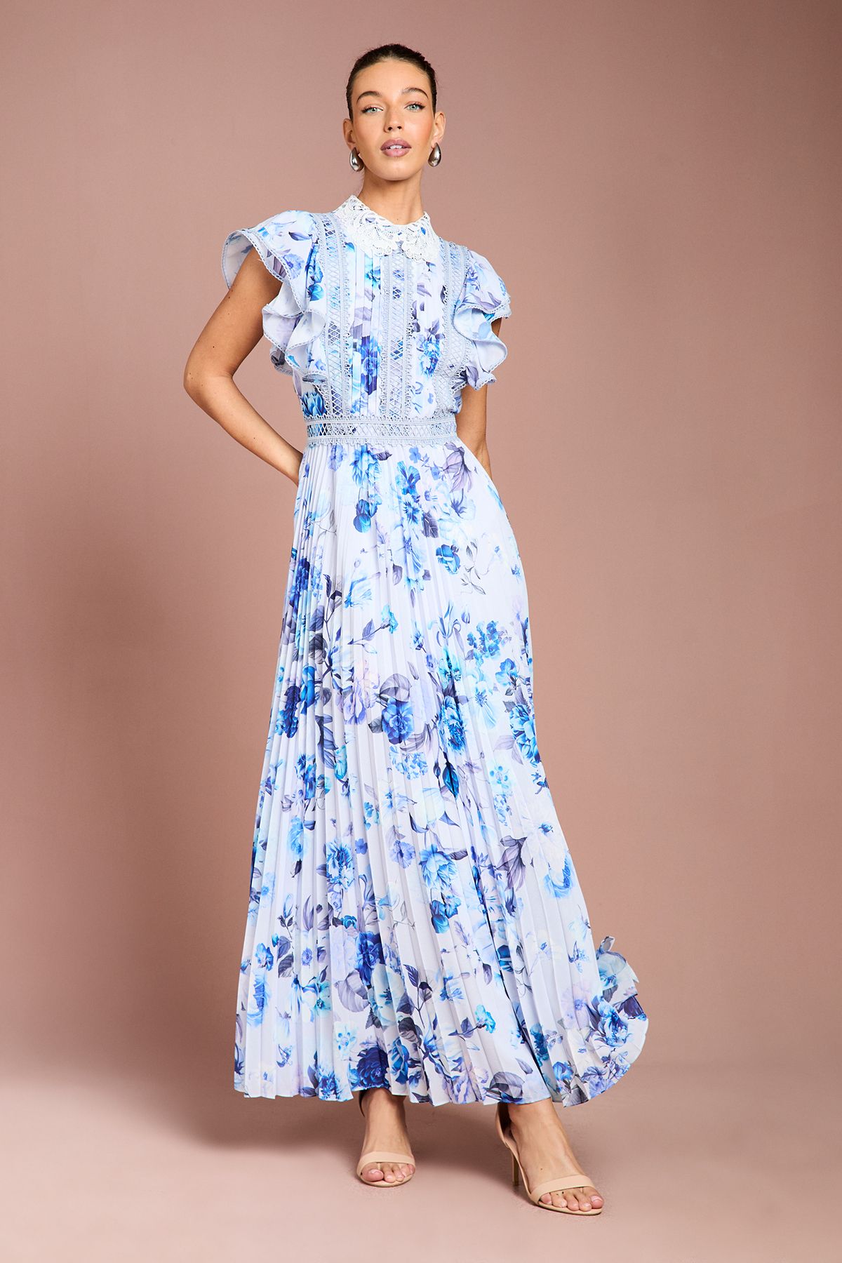 Coast Frill Sleeve Contrast Collar Pleat Skirt Maxi Dress Blue