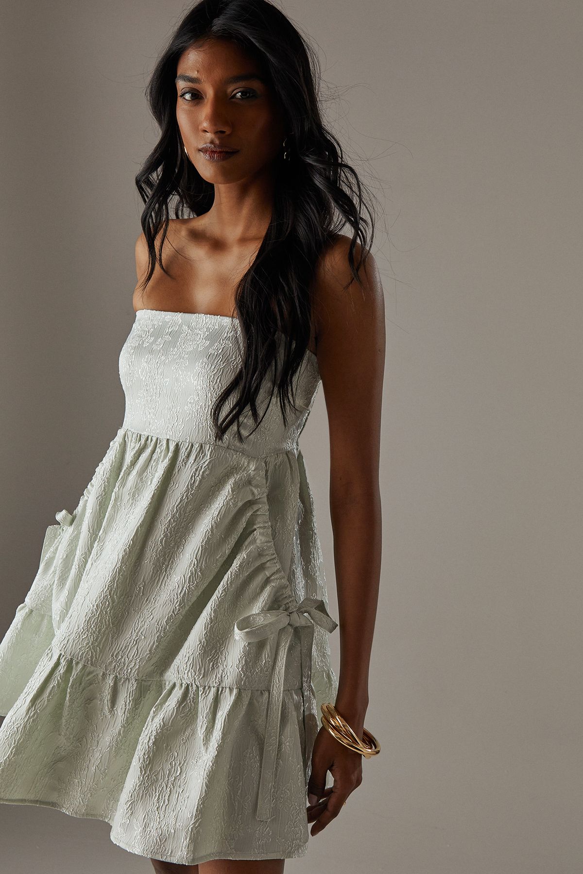 Warehouse Jacquard Shirred Bandeau Bellow Pocket Mini Dress Sage image 4