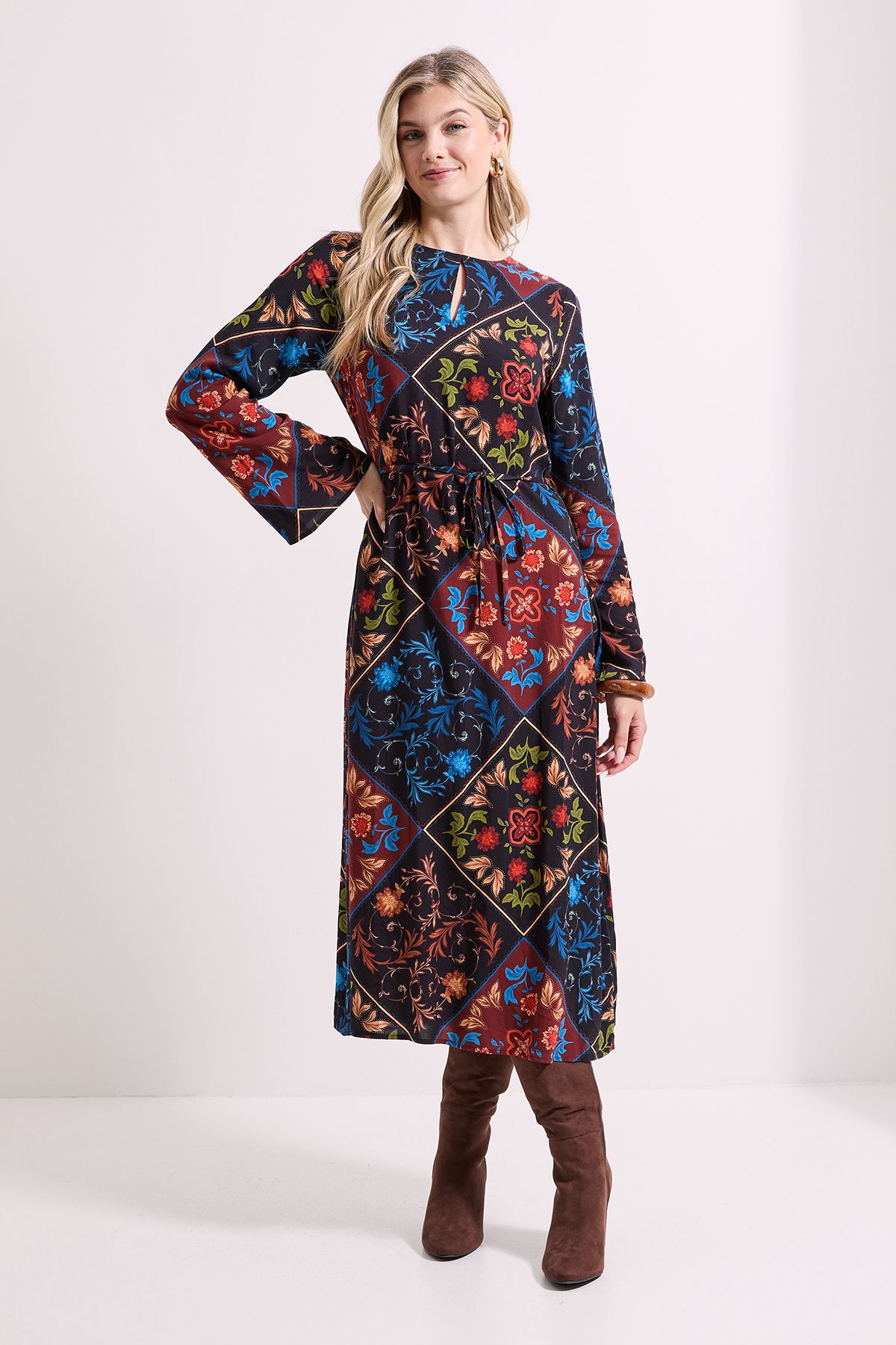 Dorothy Perkins Keyhole Belted Long Sleeve Midi Dress Multi image 1