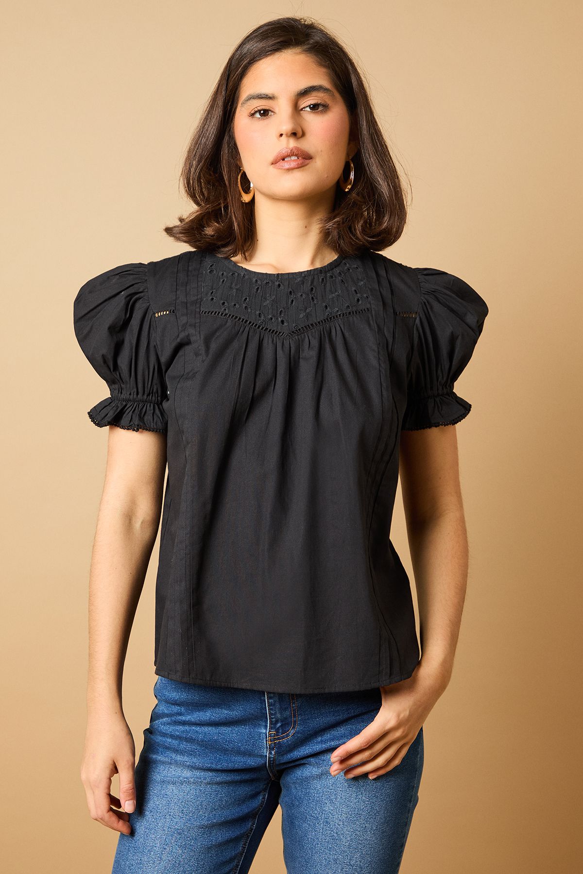 Oasis Broderie Trim Detail Puff Sleeve Blouse Black image 2
