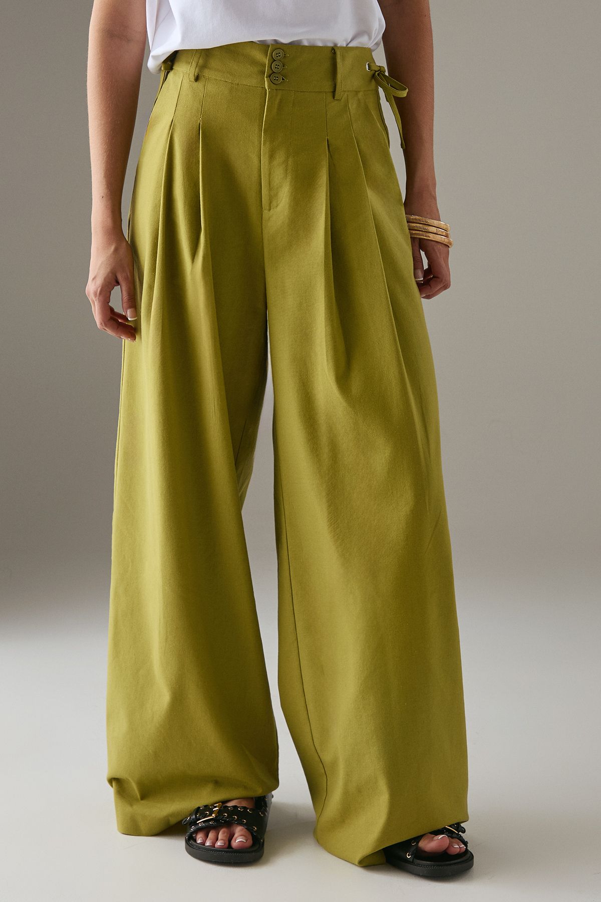 Warehouse Linen Blend Tailored Trousers Olive image 2