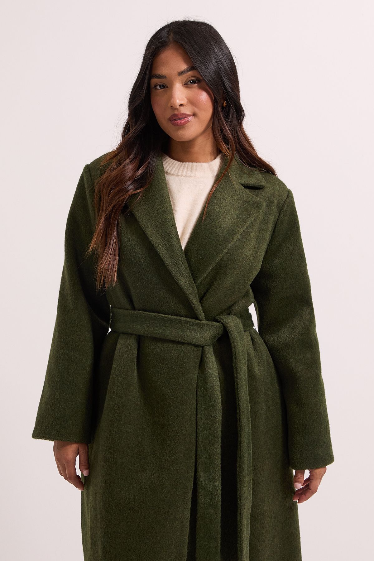 Dorothy Perkins Petite Longline Belted Coat Green image 2