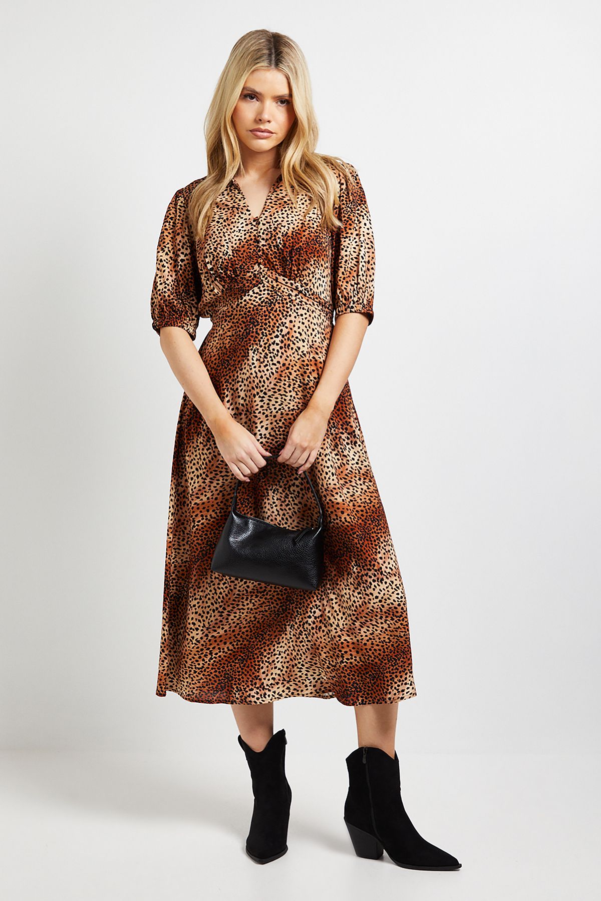 Dorothy Perkins Leopard Collared Button Detail Puff Sleeve Midi Dress Leopard image 1