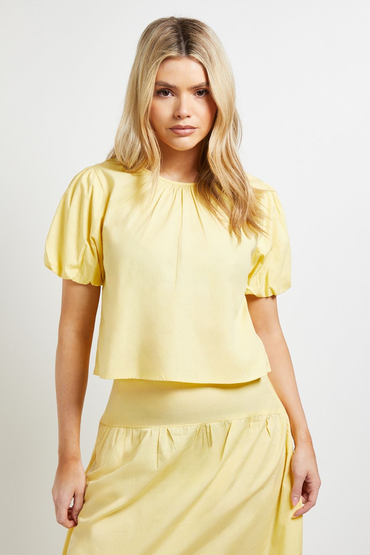Dorothy Perkins Bow Back Puff Sleeve Poplin Top Lemon