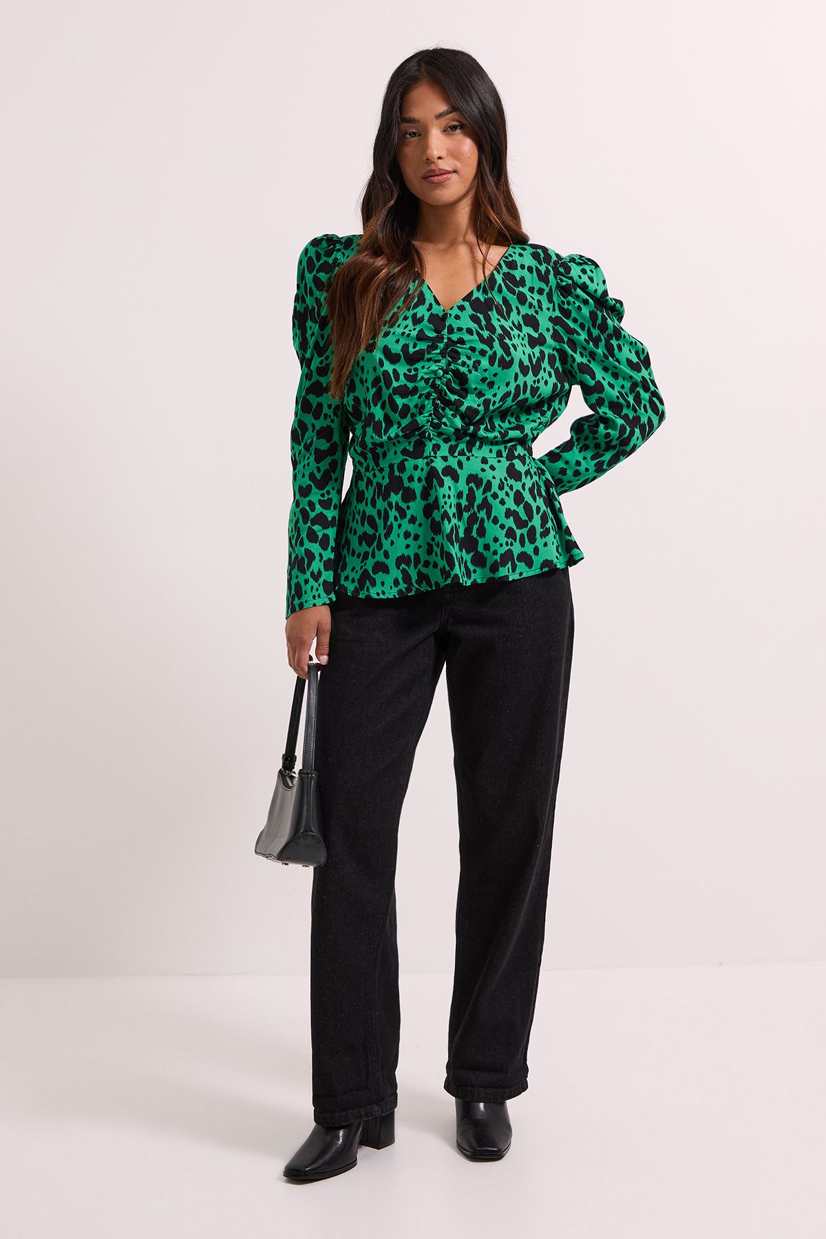 Dorothy Perkins Petite Green Animal Button Detail Printed Peplum Blouse Animal image 2