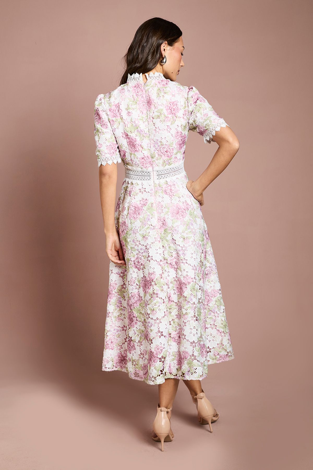 Coast Printed Lace Short Sleeve Trim Detail Midi Dress Pink image 3