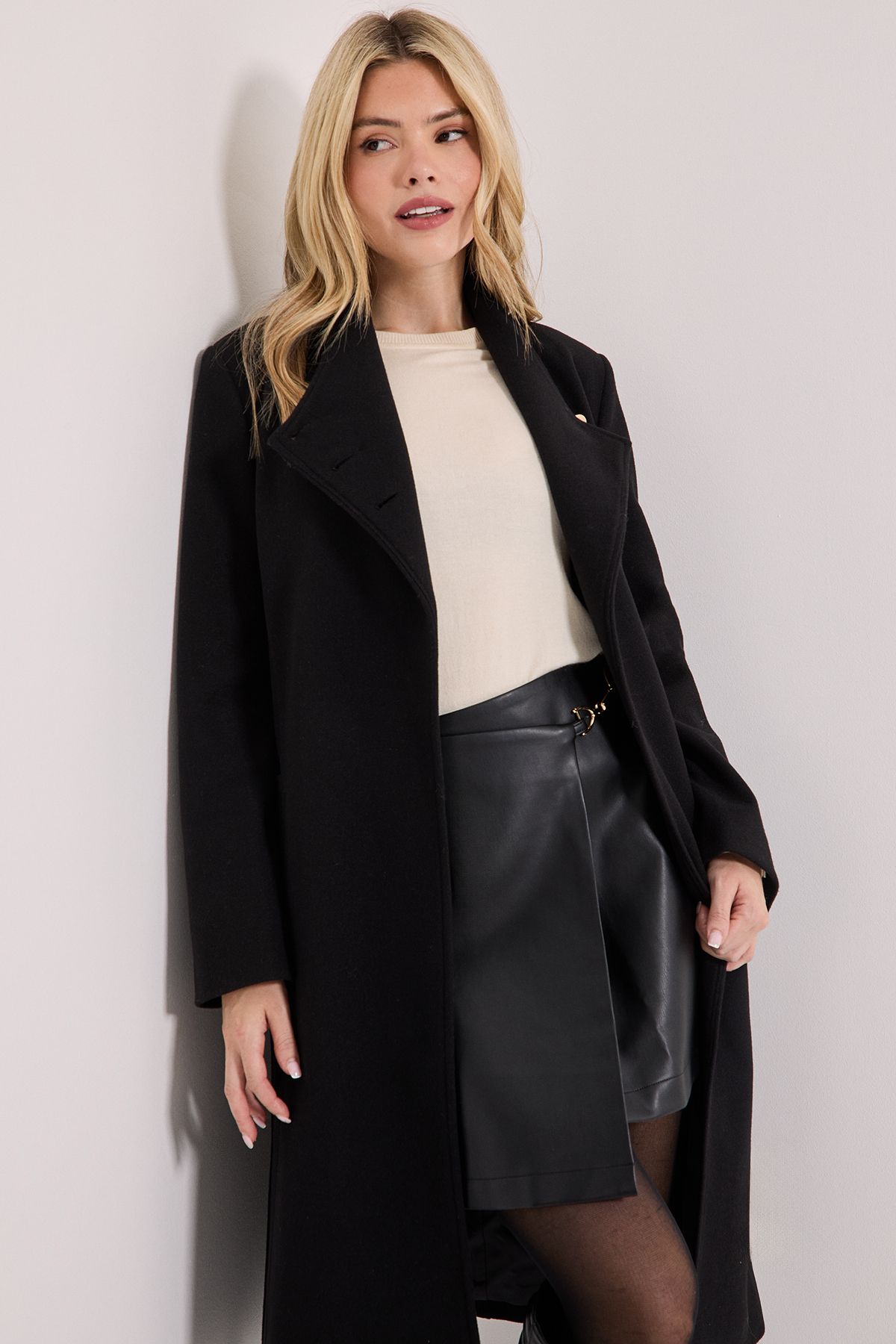 Dorothy Perkins Funnel Neck Belted Coat Black image 2