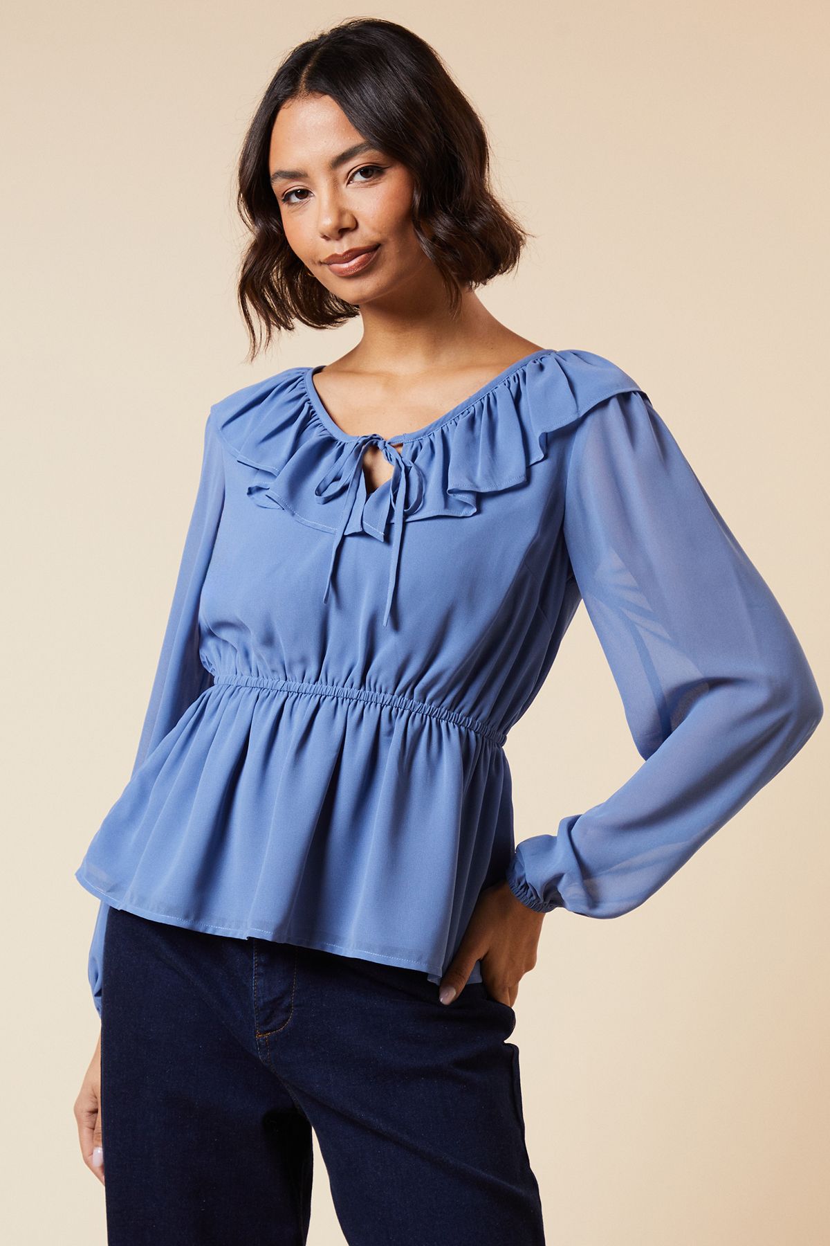 Dorothy Perkins Ruffle Front Long Sleeve Blouse Blue image 1