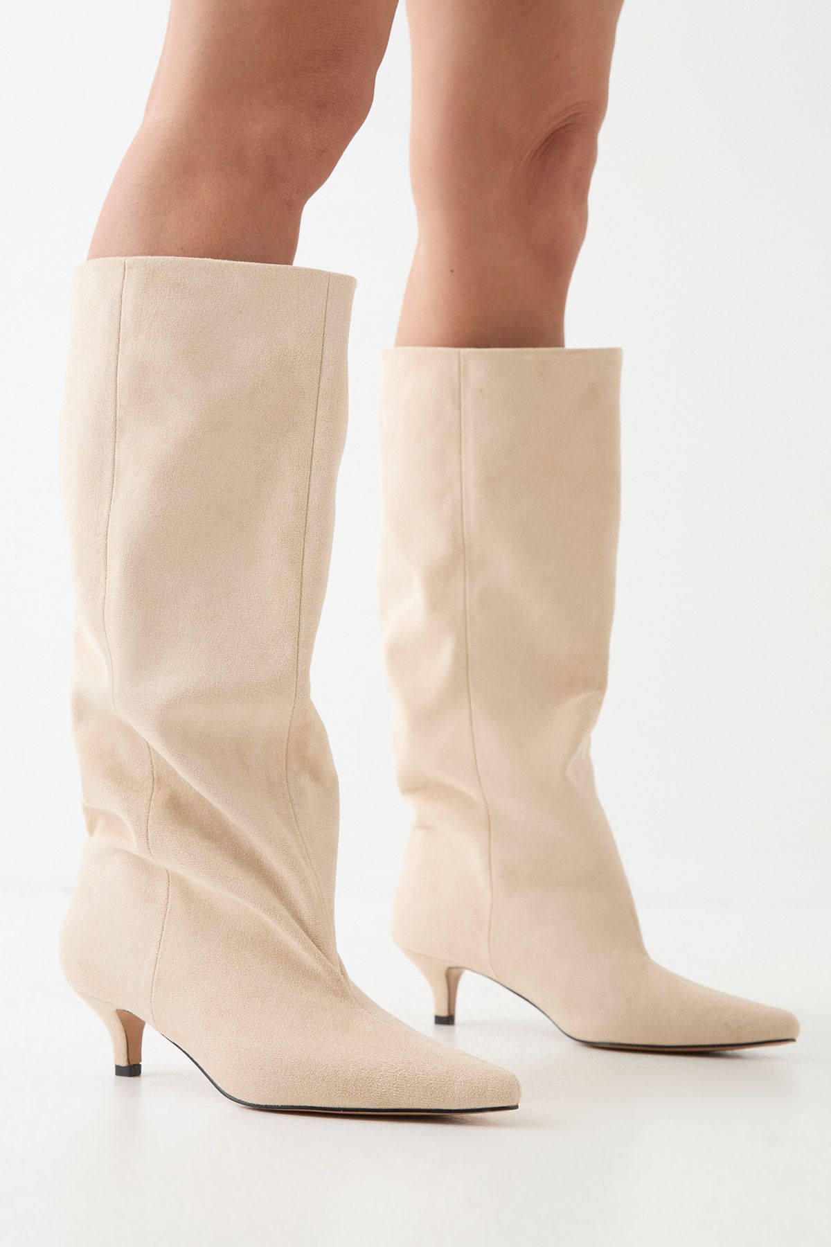 MissPap Low Stiletto Faux Suede Slouch Knee High Boots Beige image 1