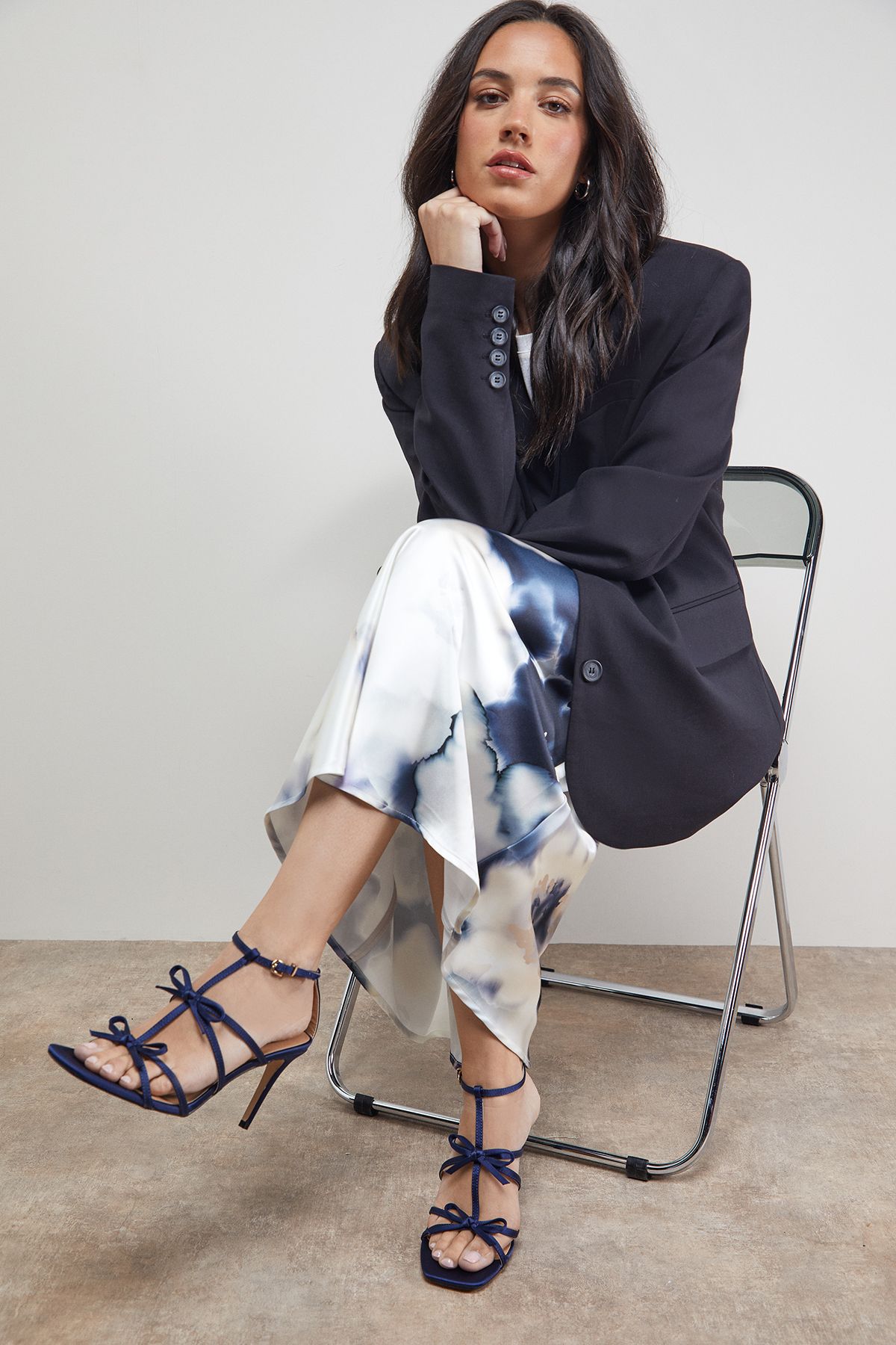 Oasis Dalpha Satin Bow Multi Strappy High Stiletto Heel Sandals Midnight image 1