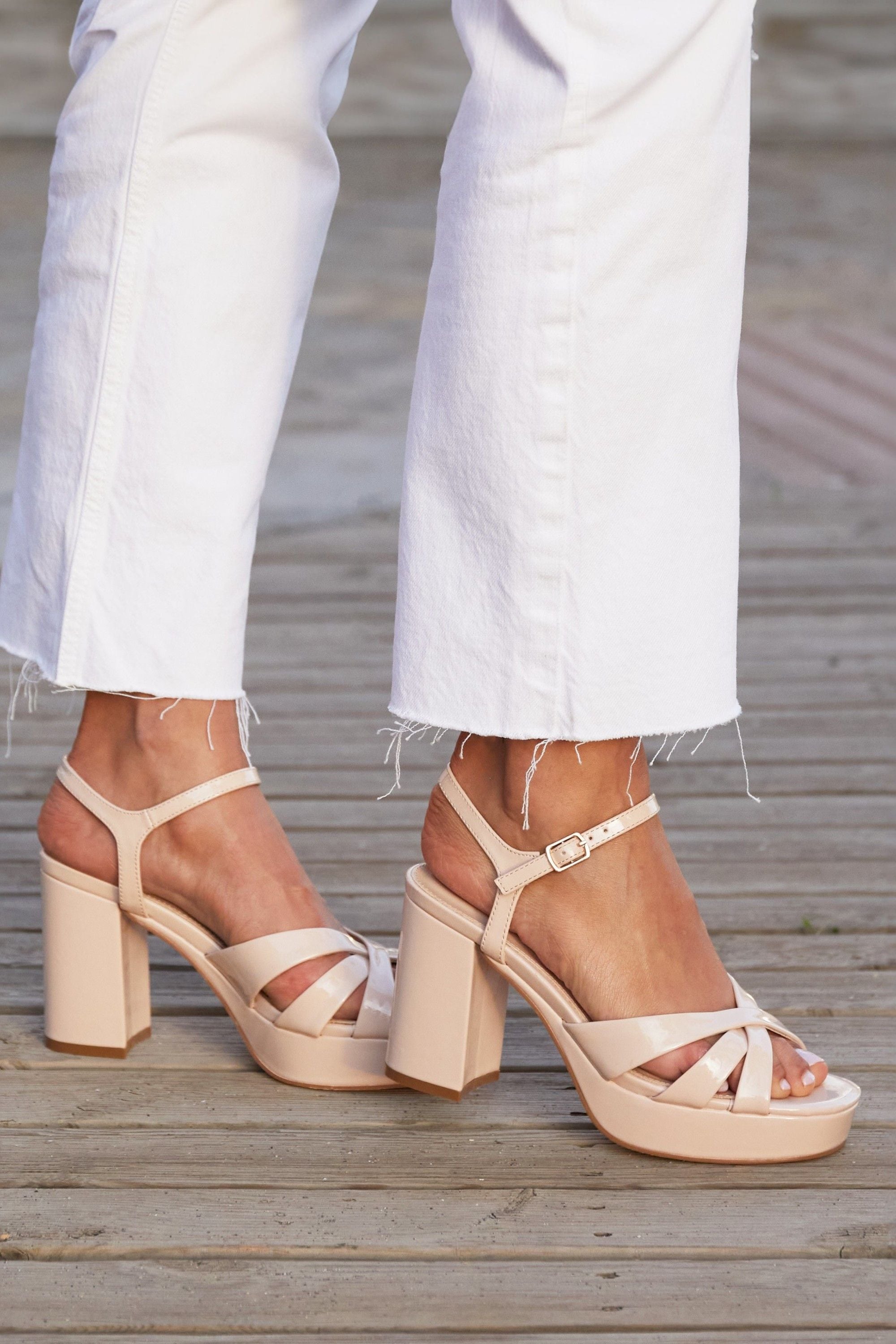 Linzi Keliah Nude Faux Patent Crossover Platform Heels image 7
