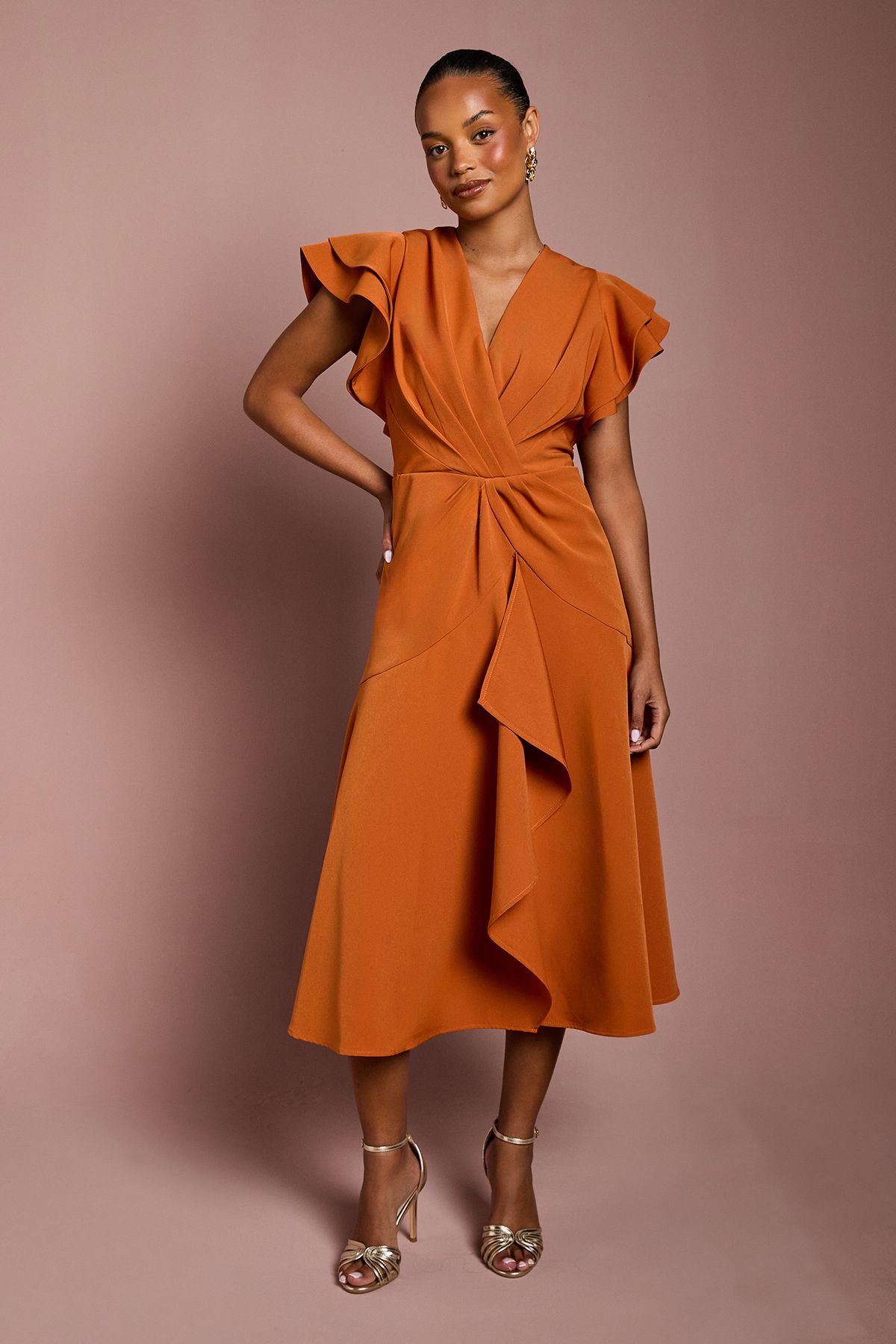 Coast Petite Short Sleeve V Neck Wrap Front Midi Dress Rust image 1