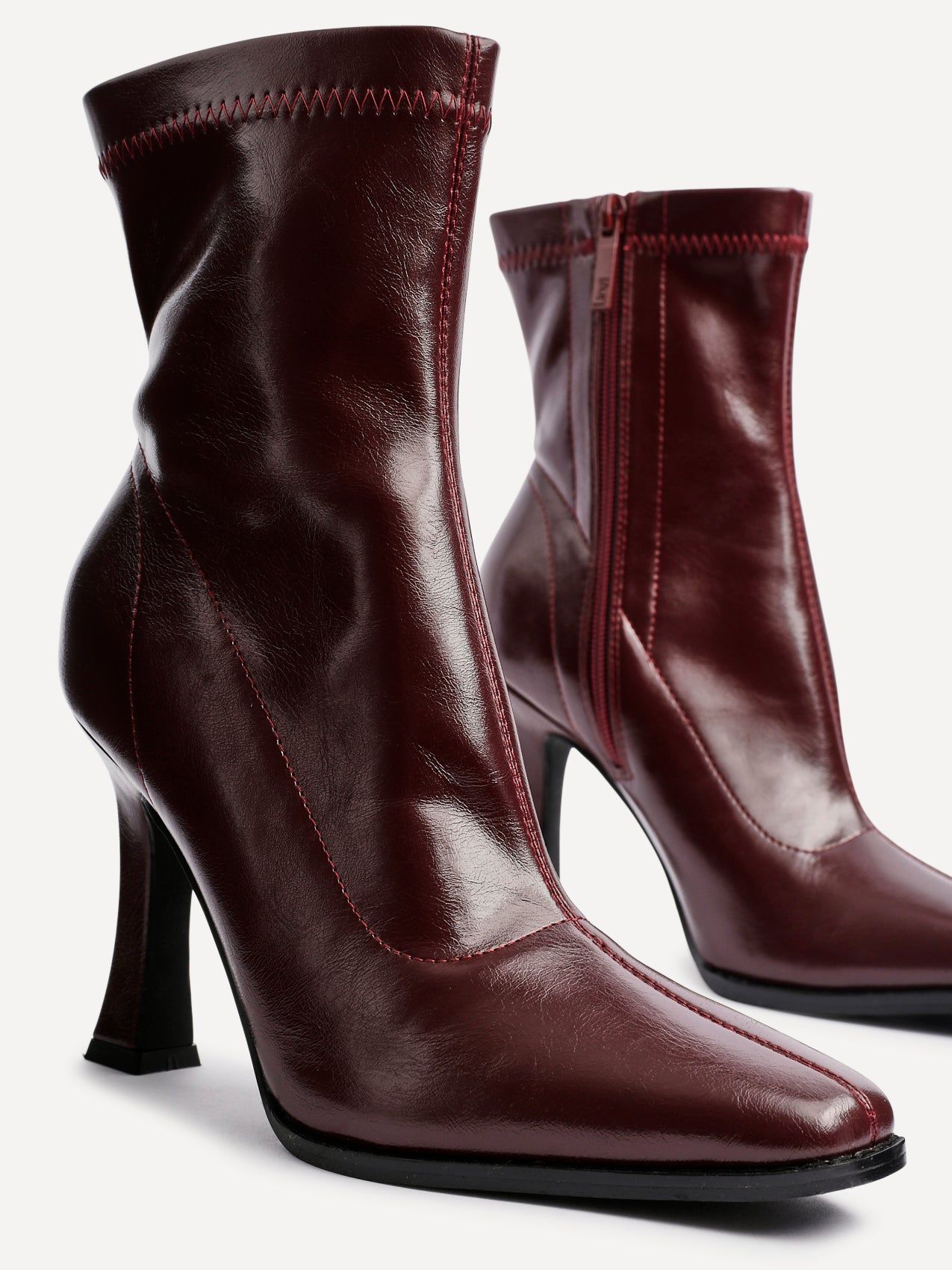 Linzi Noelle Burgundy Faux Leather Square Toe Heeled Sock Boot image 4