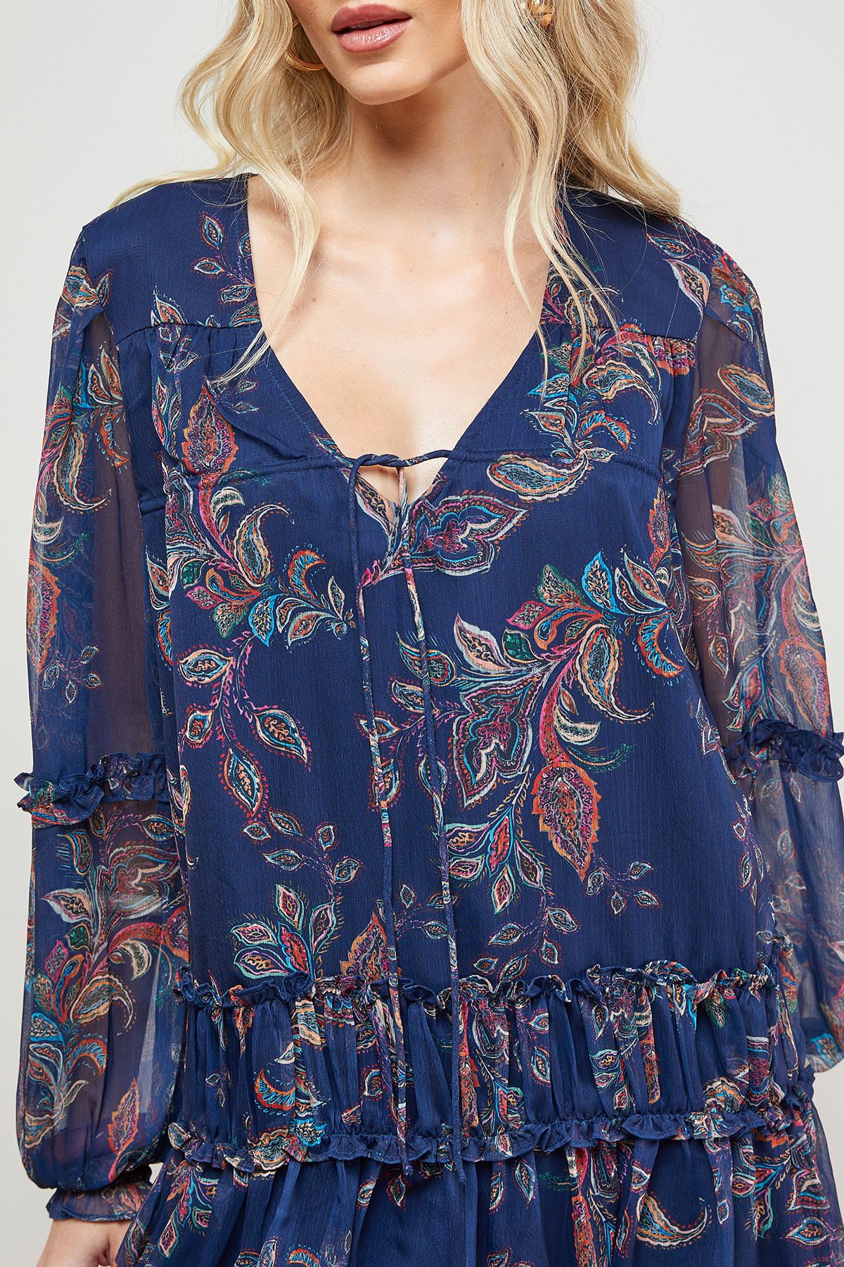 Oasis Printed Chiffon Shirred Front Tie Neck Mini Dress Navy image 5