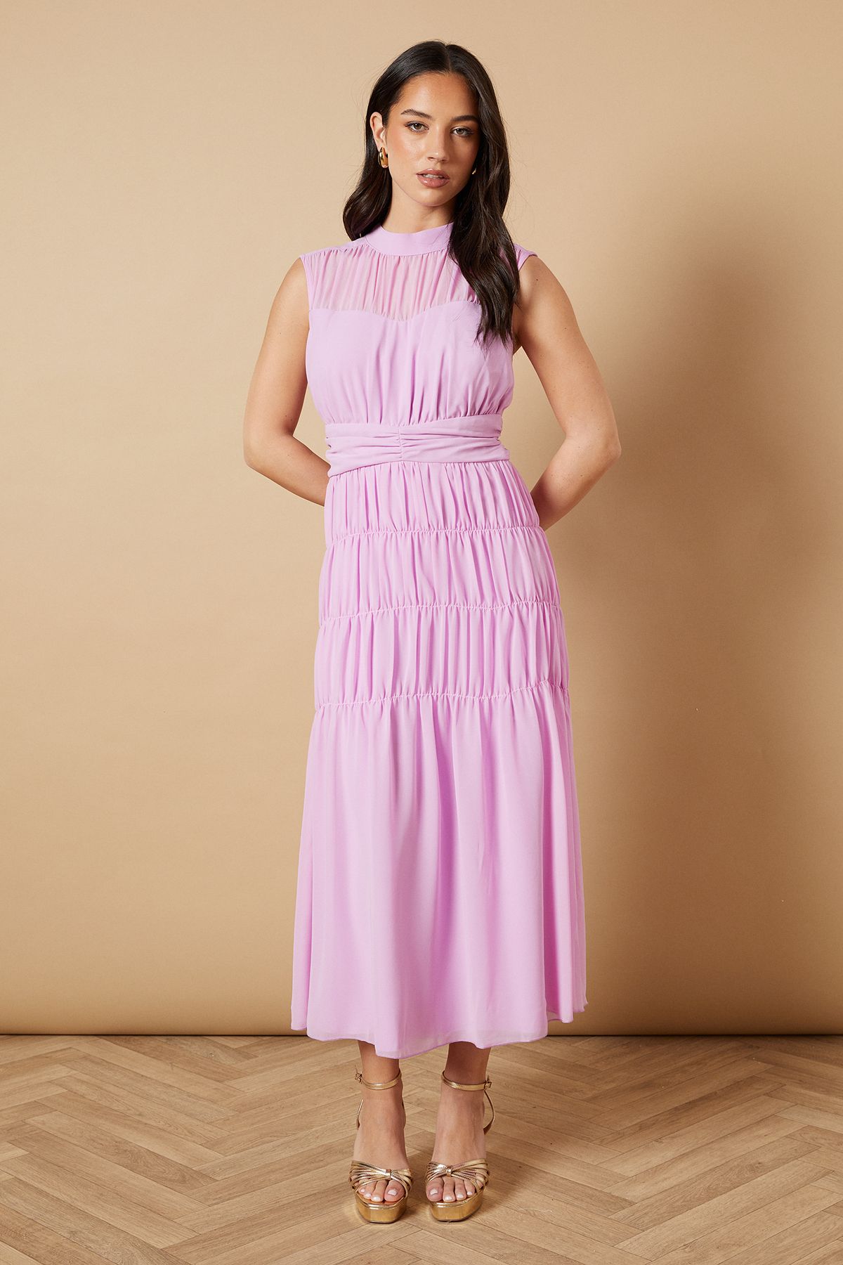 Oasis High Neck Occasion Ruched Chiffon Midi Dress Peach image 1