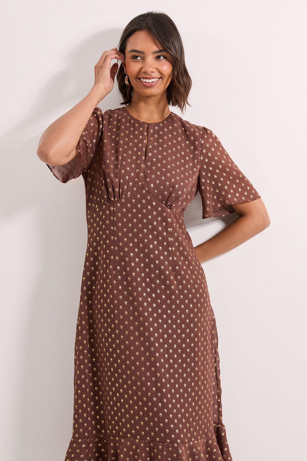 Dorothy Perkins DP Luxe Metallic Spot Chiffon Ruffle Hem Midi Dress Chocolate image 2