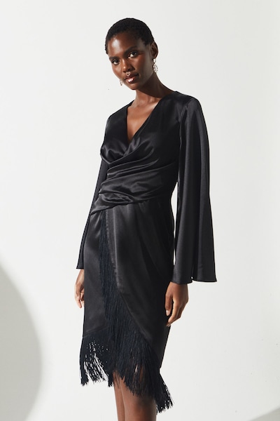 Coast Satin Fringe Hem Wrap Waist Midi Dress Black
