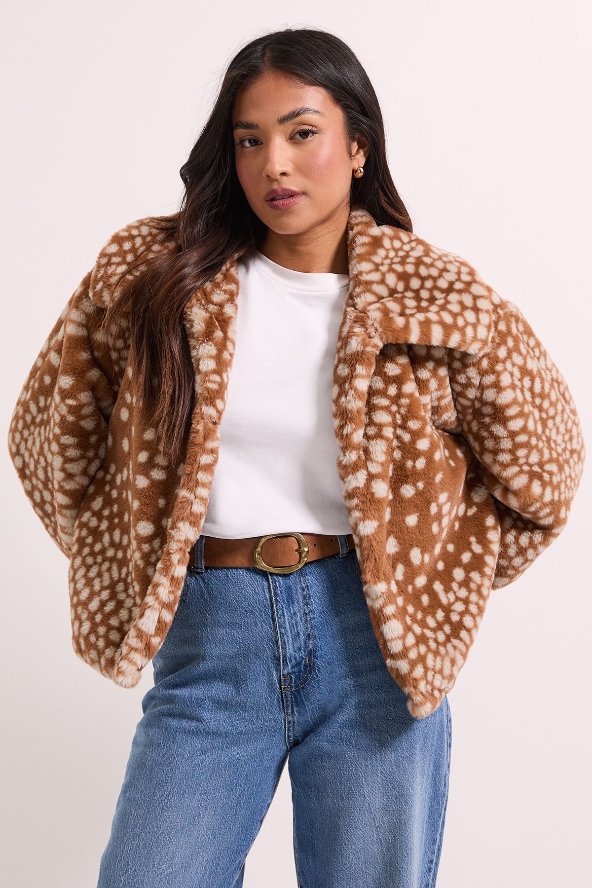 Dorothy Perkins Petite Deer Print Fur Coat Brown image 3