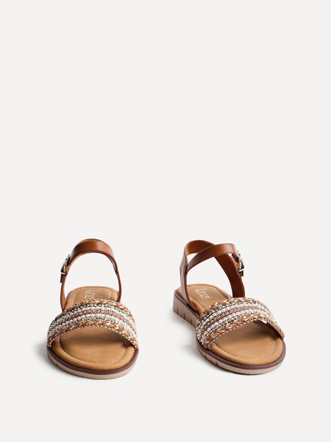 Linzi Topaz Wide Fit Tan Raffia Embellished Flat Sandals image 3
