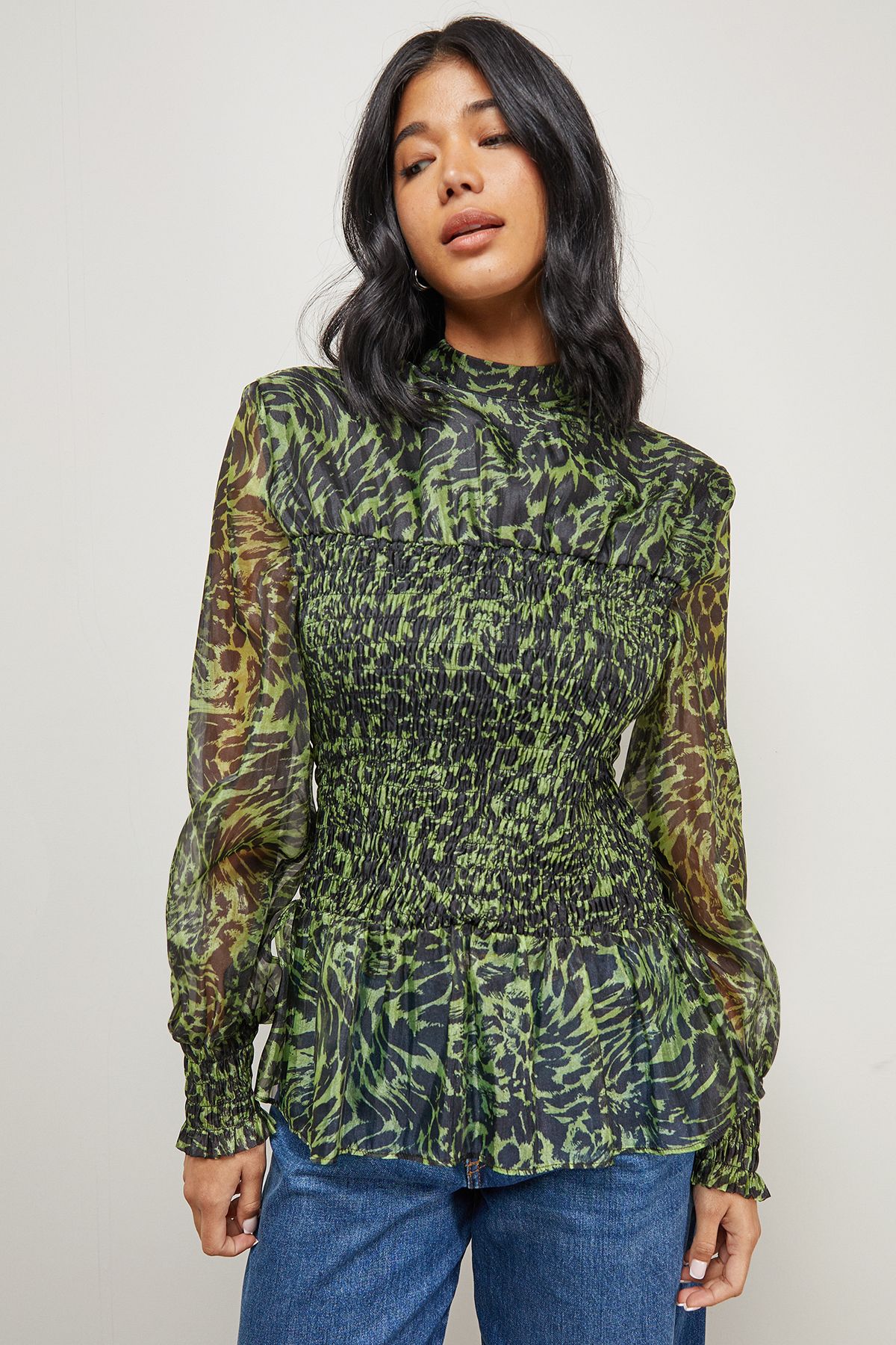 Warehouse Animal Organza Shirring Blouson Sleeve Shirt Lime image 1