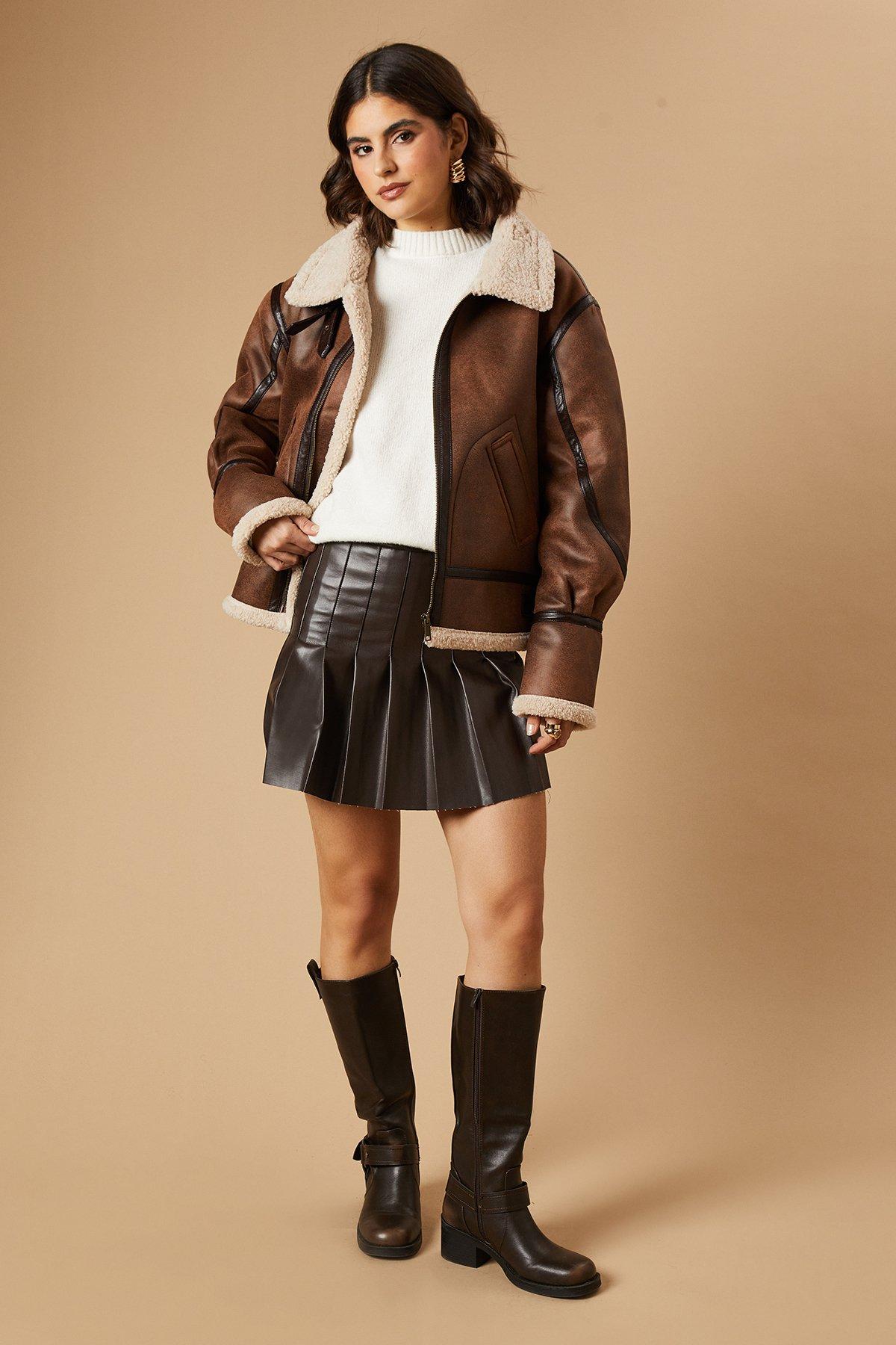 Oasis Faux Suede Borg Detail Aviator Jacket Chocolate image 2