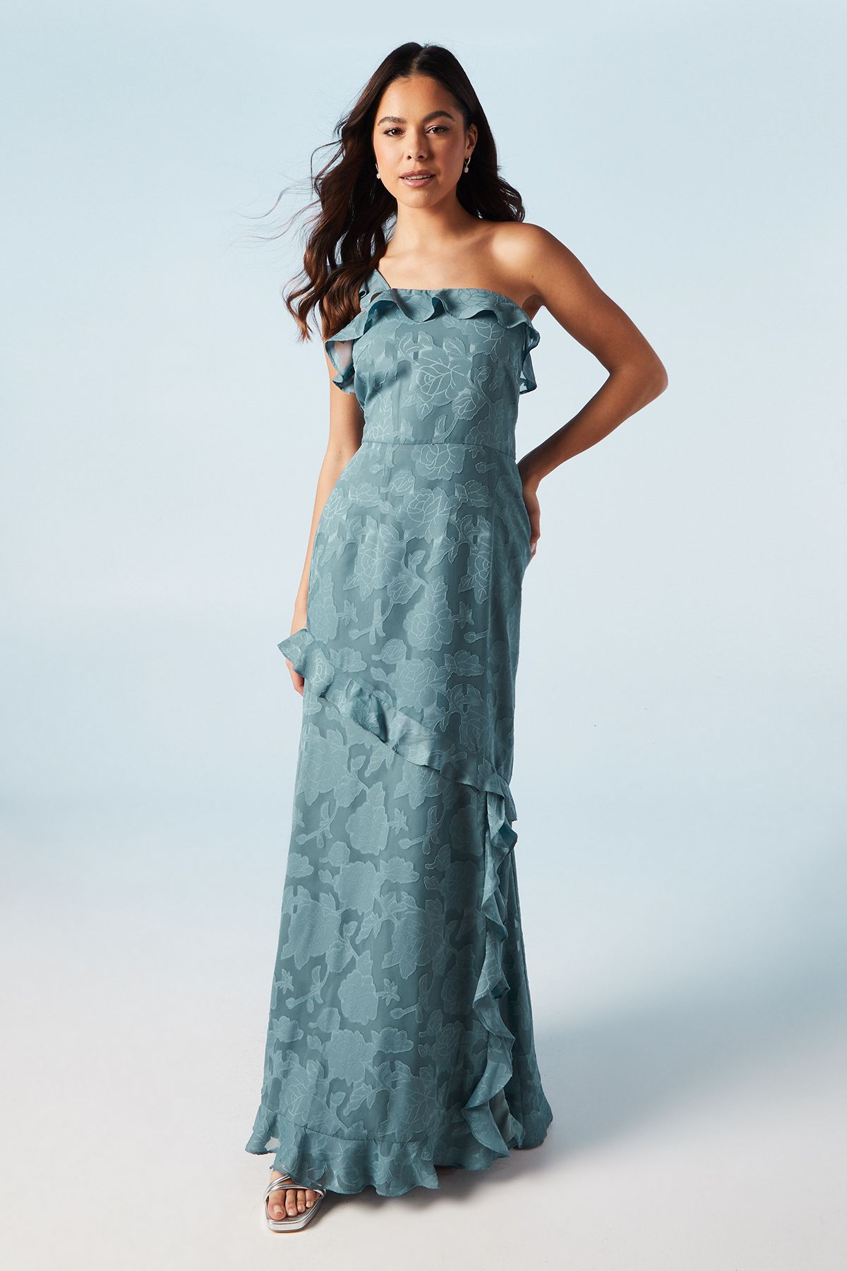 Oasis Rose Georgette One Shoulder Maxi Bridesmaid Dress Dusty Blue image 1