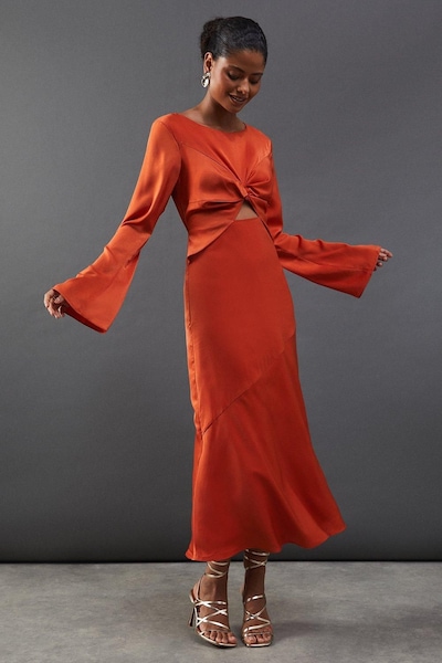 Warehouse Satin Twist Front Bias Midi Dress Orange