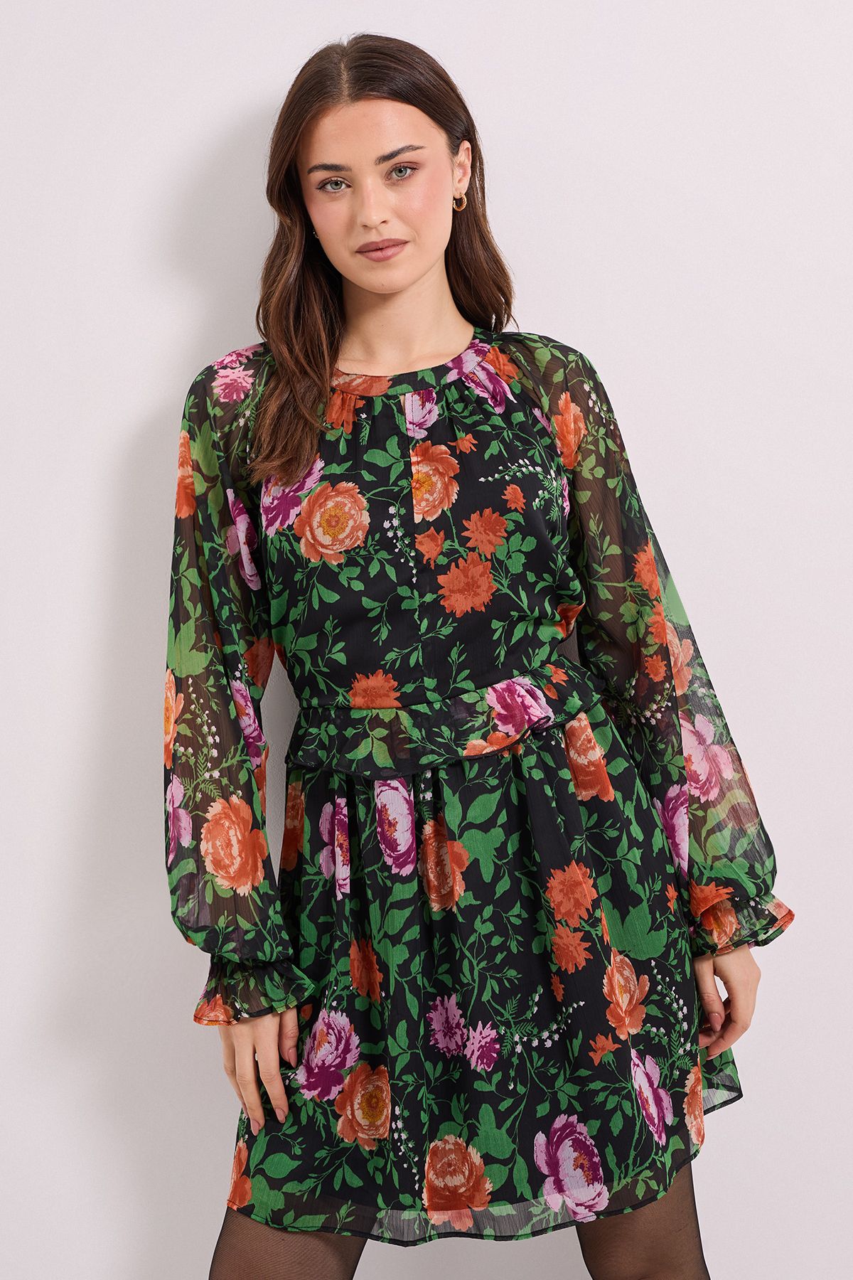 Dorothy Perkins High Neck Keyhole Detail Printed Chiffon Mini Dress Black image 2